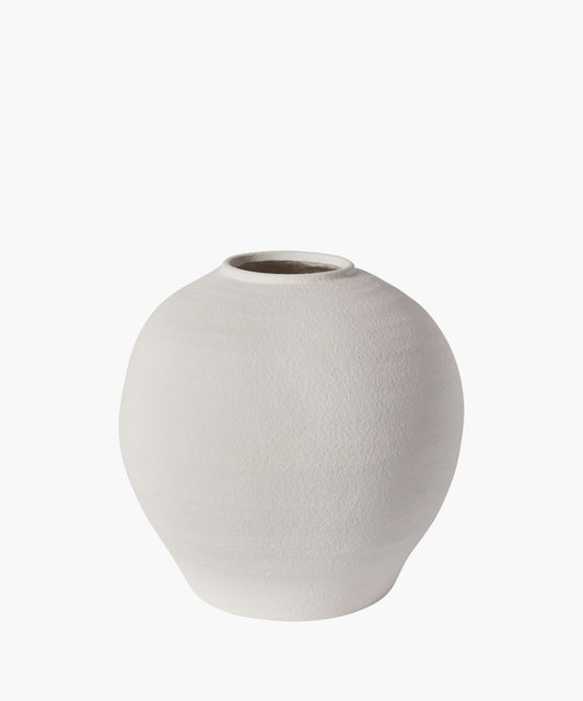 A Round bellied cement vases with a  textural white matte finish. 