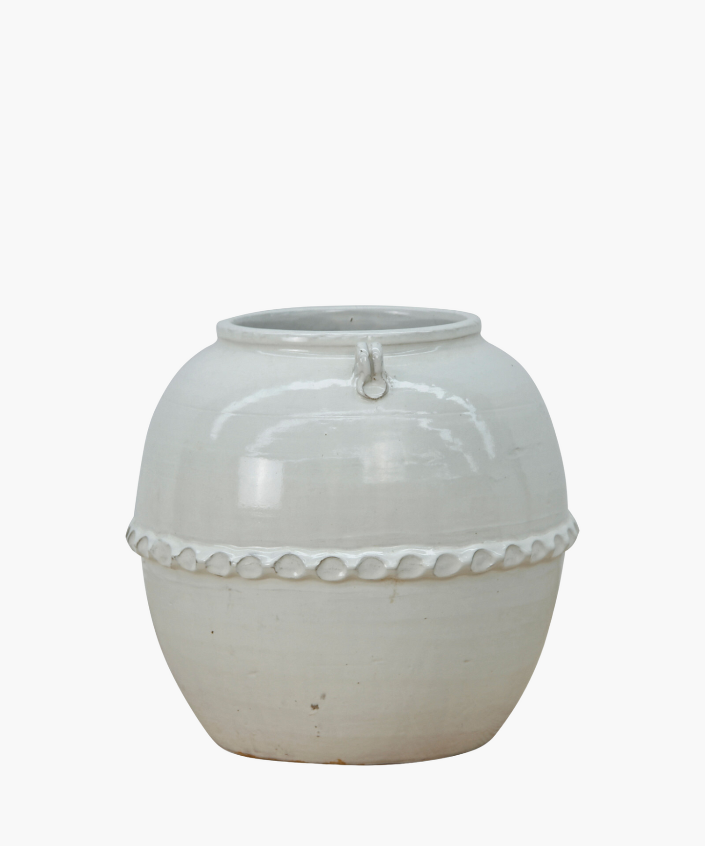 A white ceramic pot with a glossy surface and rounded shape. It features a decorative band with a loop design near the top, giving an elegant look.