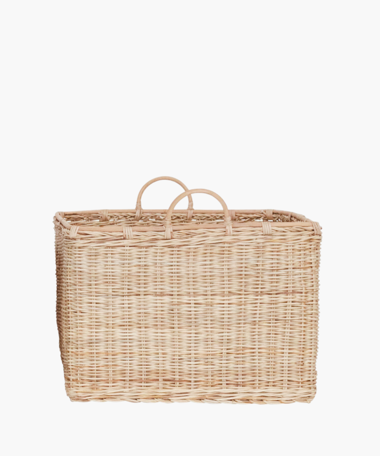 A large, square rattan basket with two rounded handles in a natural finish.  The light brown weaving creates an earthy, natural look suitable for storage or decor.