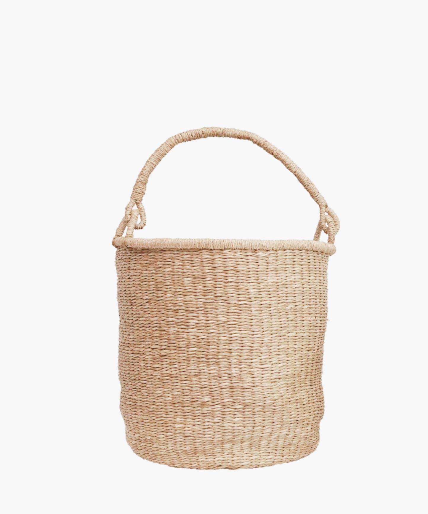 Large hand-woven seagrass basket with sturdy handle, showcasing natural beige tone.