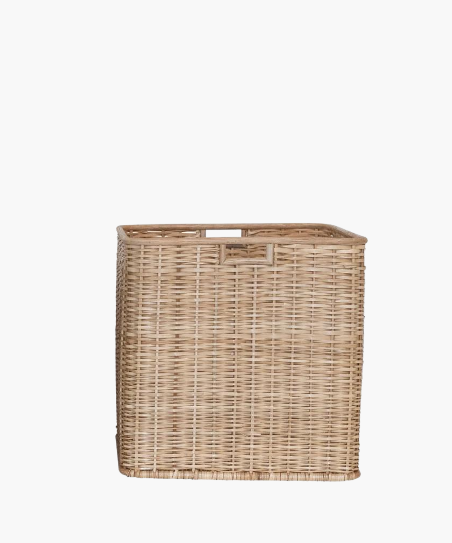 Large square rattan and palm basket with a natural finish, featuring a tight weave and sturdy rectangular shape. Simple and functional, evokes a rustic charm. 