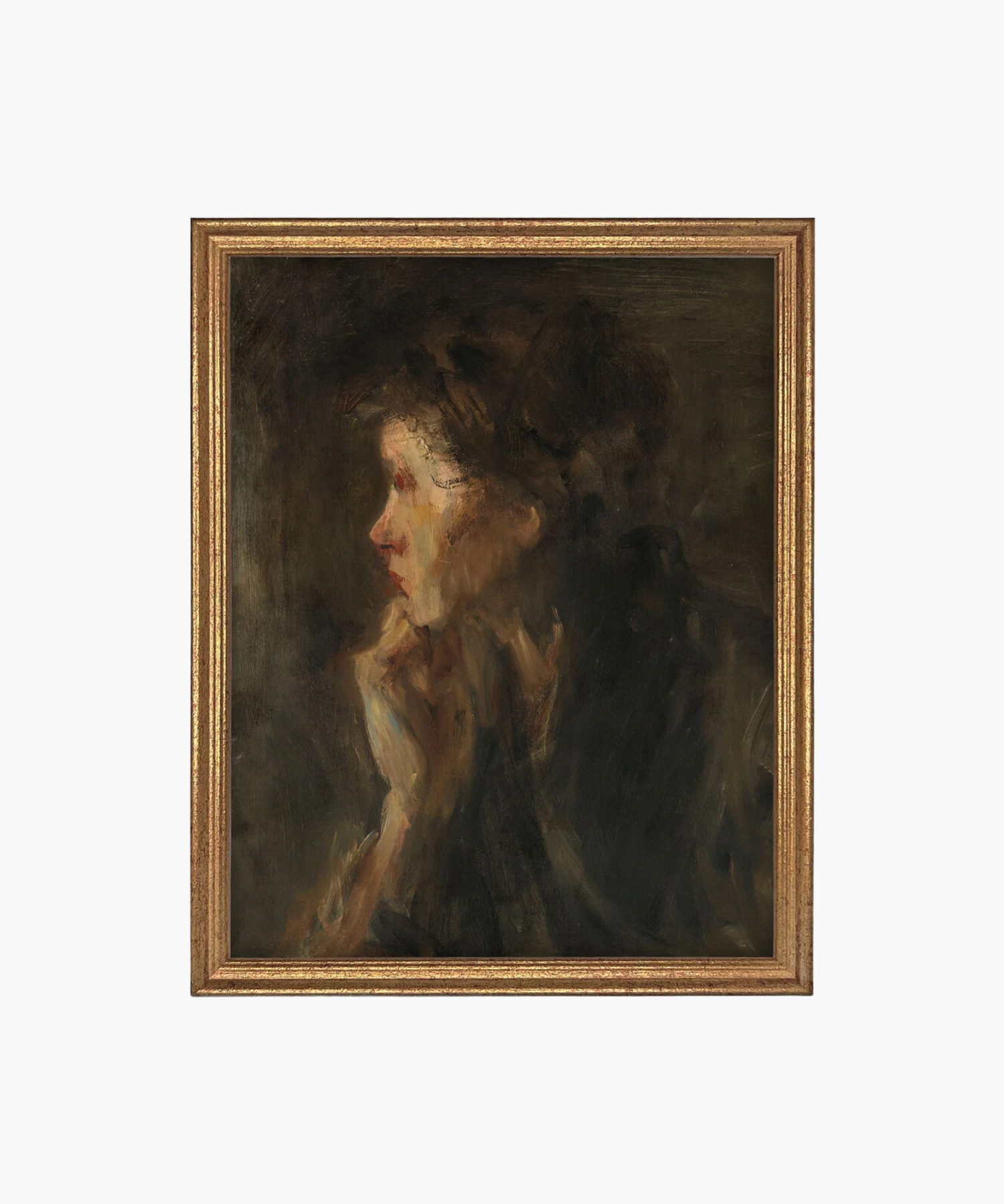 A moody oil painting of a woman's side profile in dark tones. Her thoughtful expression is emphasized by soft brushstrokes, set in a golden frame.