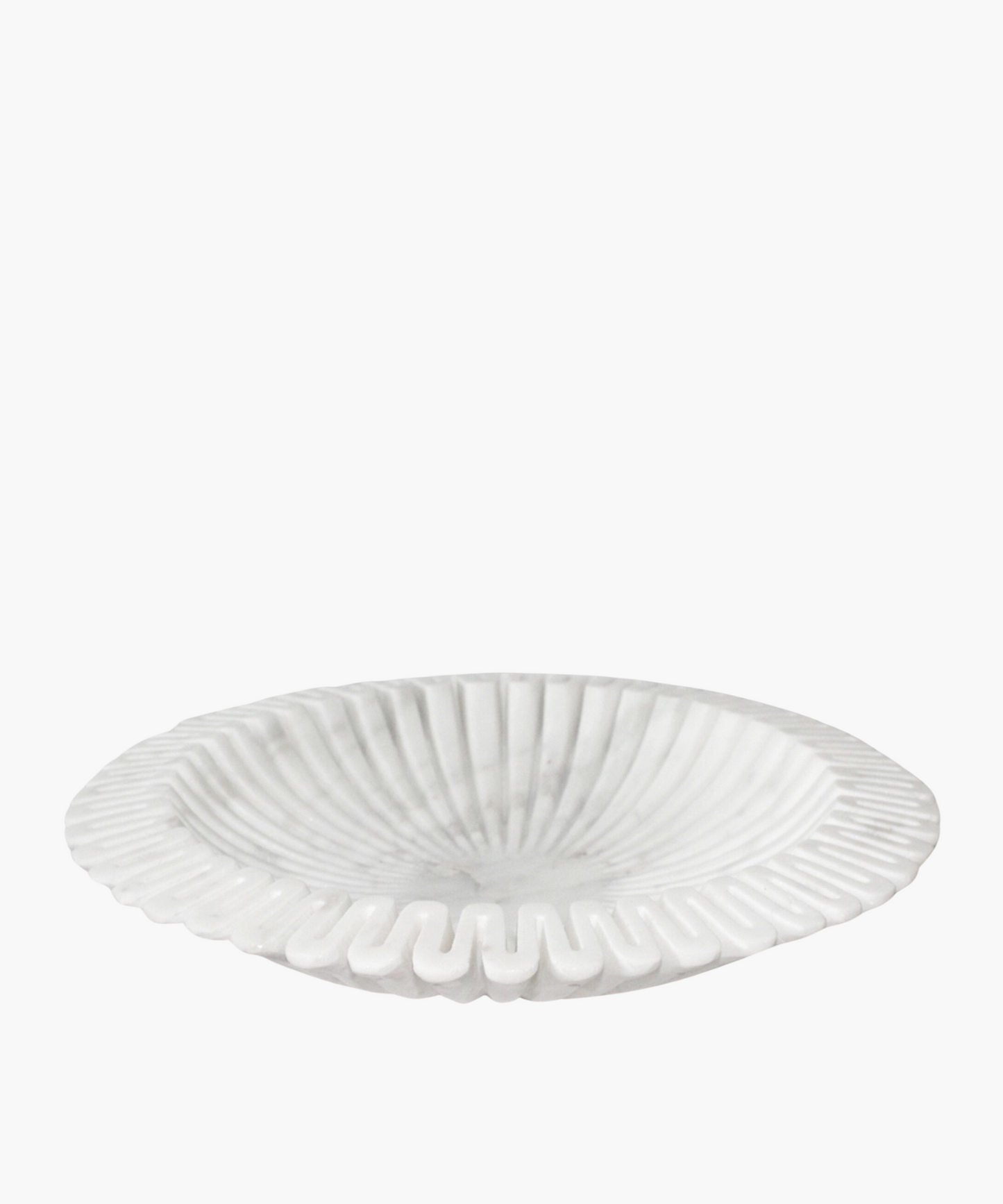 White marble shallow bowl with a radial ribbed design and a scalloped edge, giving a sense of elegance and texture. The pattern is symmetrical and stylish.