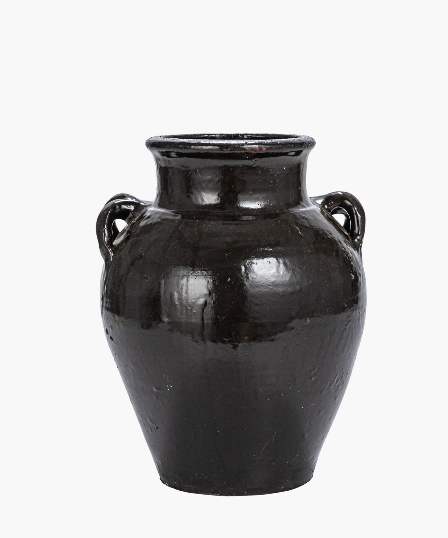 A large, glossy, black ceramic vase with two small side handles. The vase has a rounded body and a narrow neck, evoking an antique feel.