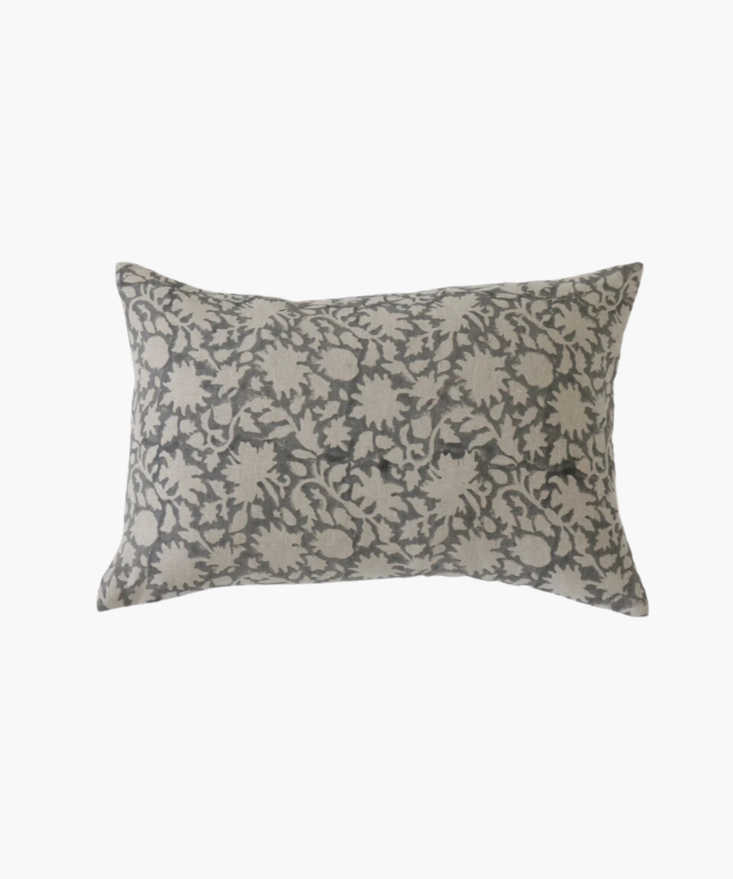 A rectangular lumbar pillow features a floral pattern with beige flowers and vines on a gray background. It conveys a classic and elegant aesthetic.