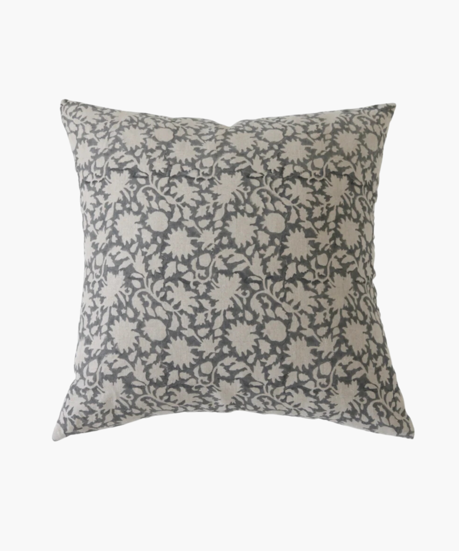 A square pillow features a floral pattern with beige flowers and vines on a gray background. It conveys a classic and elegant aesthetic.