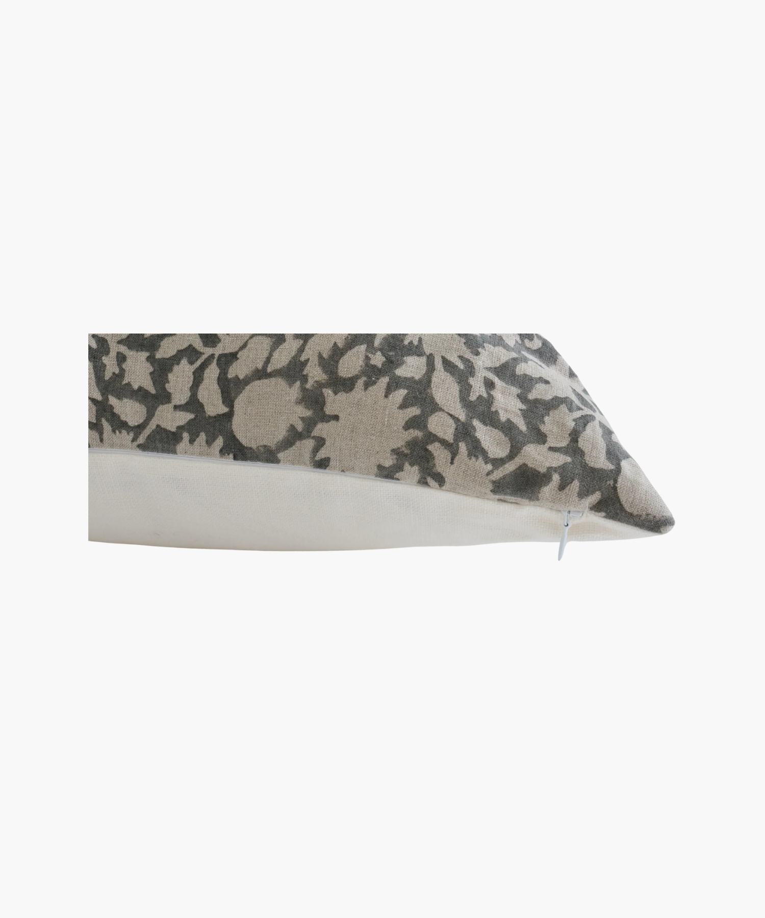 A detailed picture of a square pillow highlighting its floral pattern with beige flowers and vines on a gray background. It conveys a classic and elegant aesthetic.