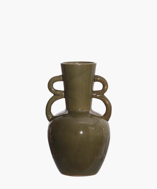 A glossy olive-green ceramic vase with a wide body, narrow neck, and two symmetrical looped handles on each side, conveying elegance and simplicity.