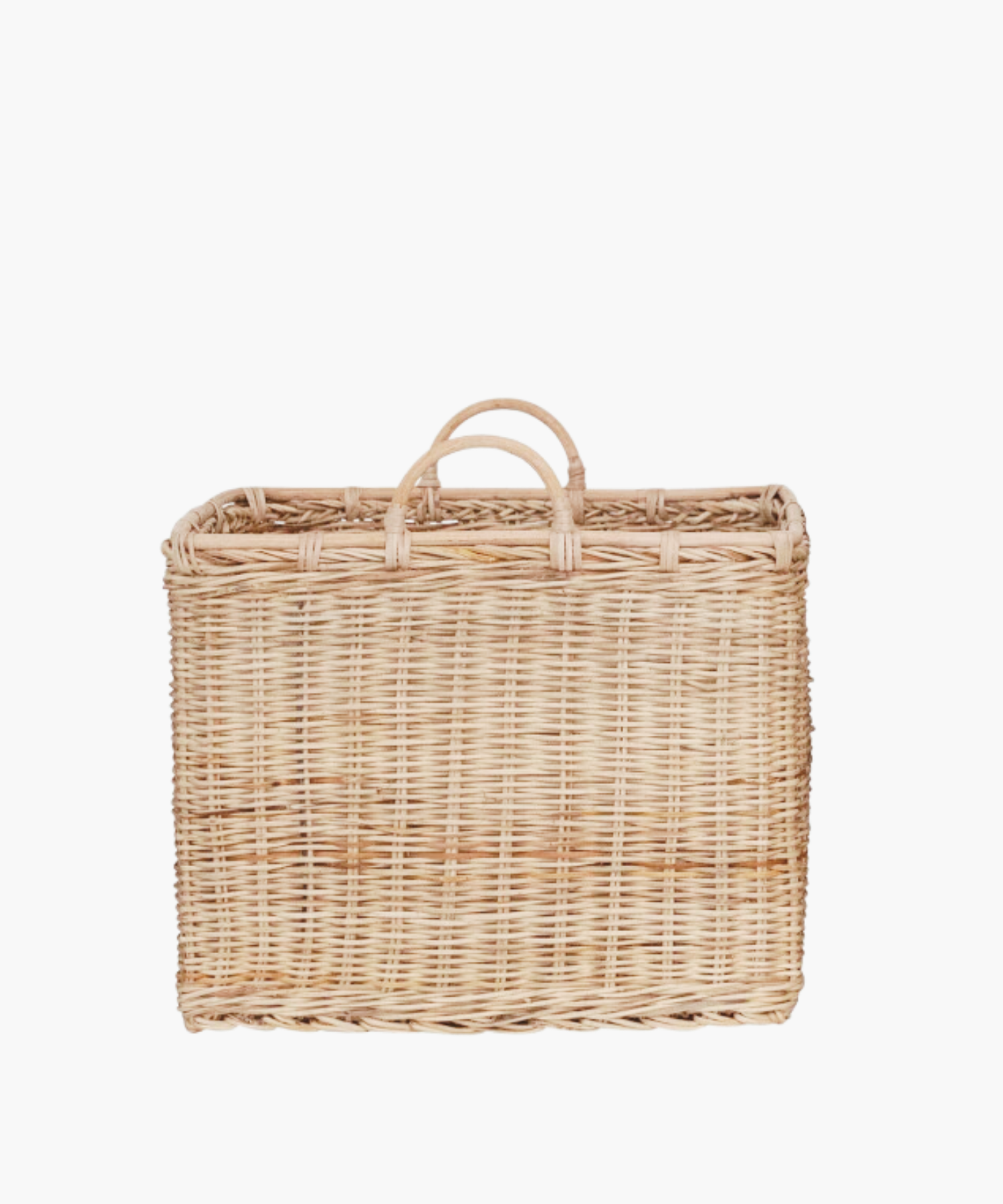 A medium, square rattan basket with two rounded handles in a natural finish.  The light brown weaving creates an earthy, natural look suitable for storage or decor.