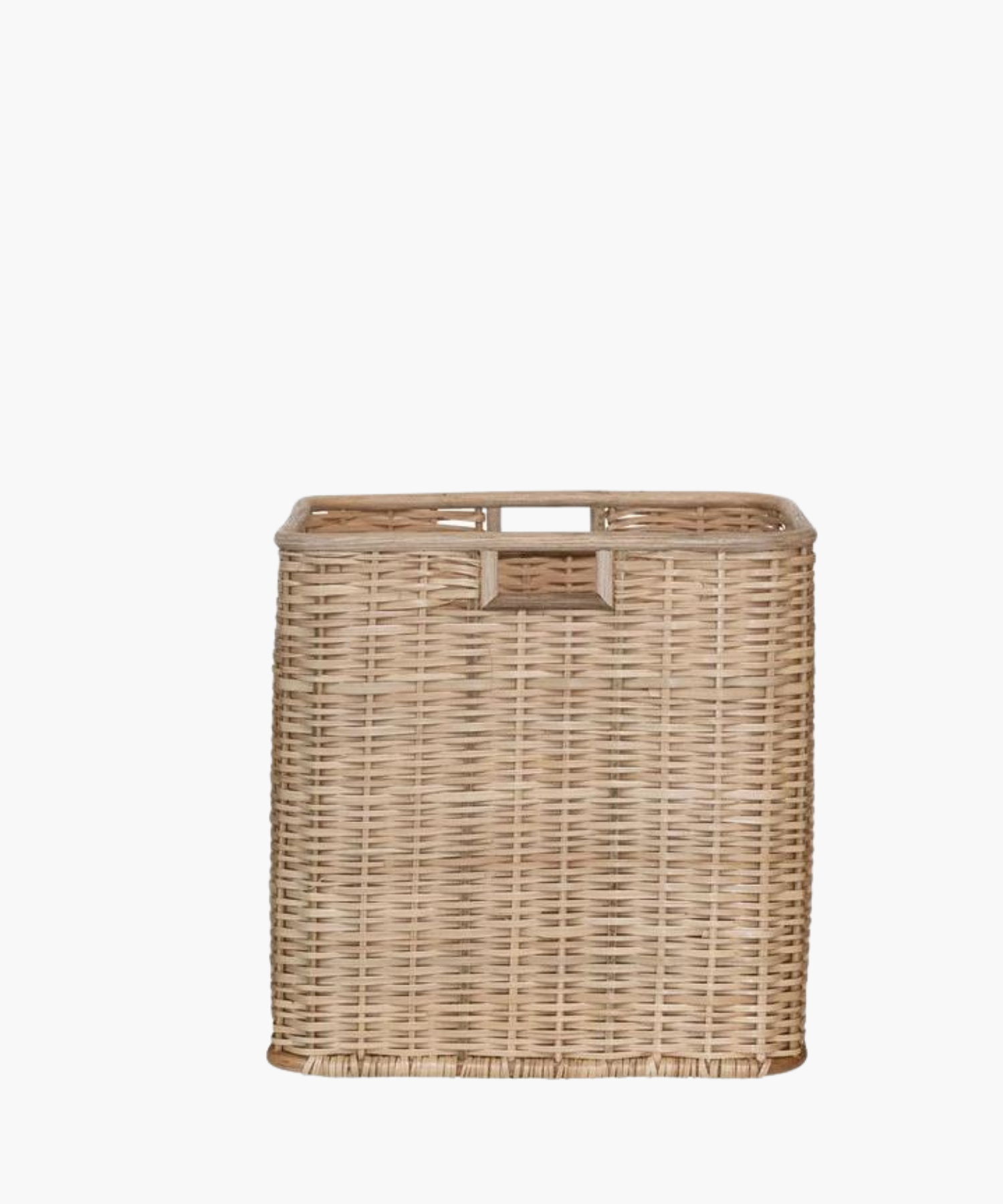 Medium square rattan and palm basket with a natural finish, featuring a tight weave and sturdy rectangular shape. Simple and functional, evokes a rustic charm. 