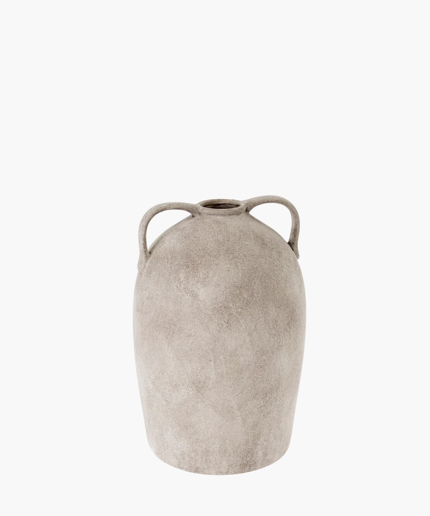 A textured, stoneware ceramic urn with an aged finish and two small handles on each side. The vase has a rustic, minimalist design.