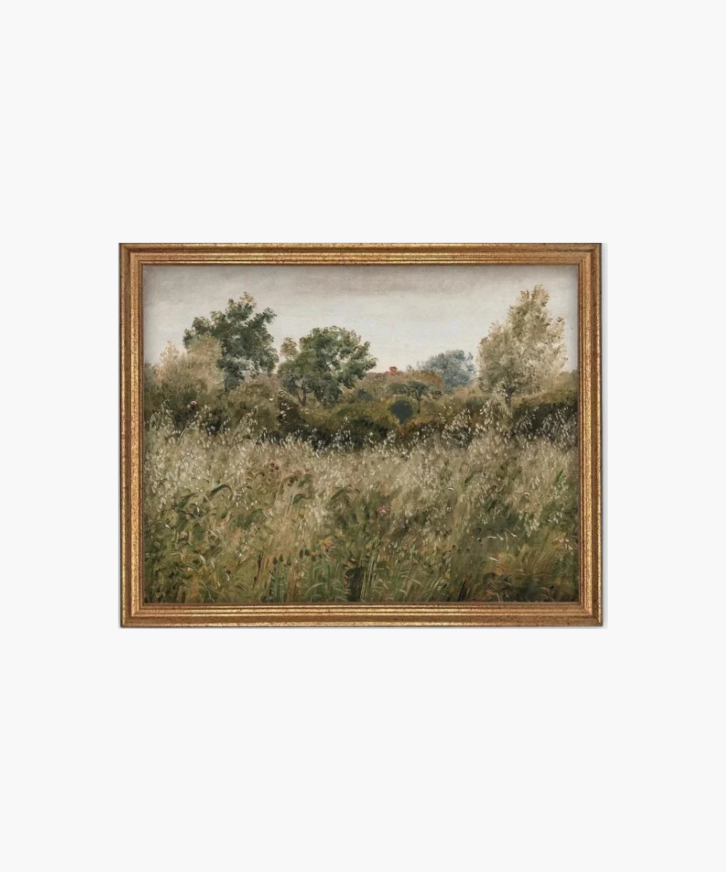 A framed landscape painting depicts a serene meadow with tall, lush grass and distant trees under a cloudy sky. The scene evokes tranquility.