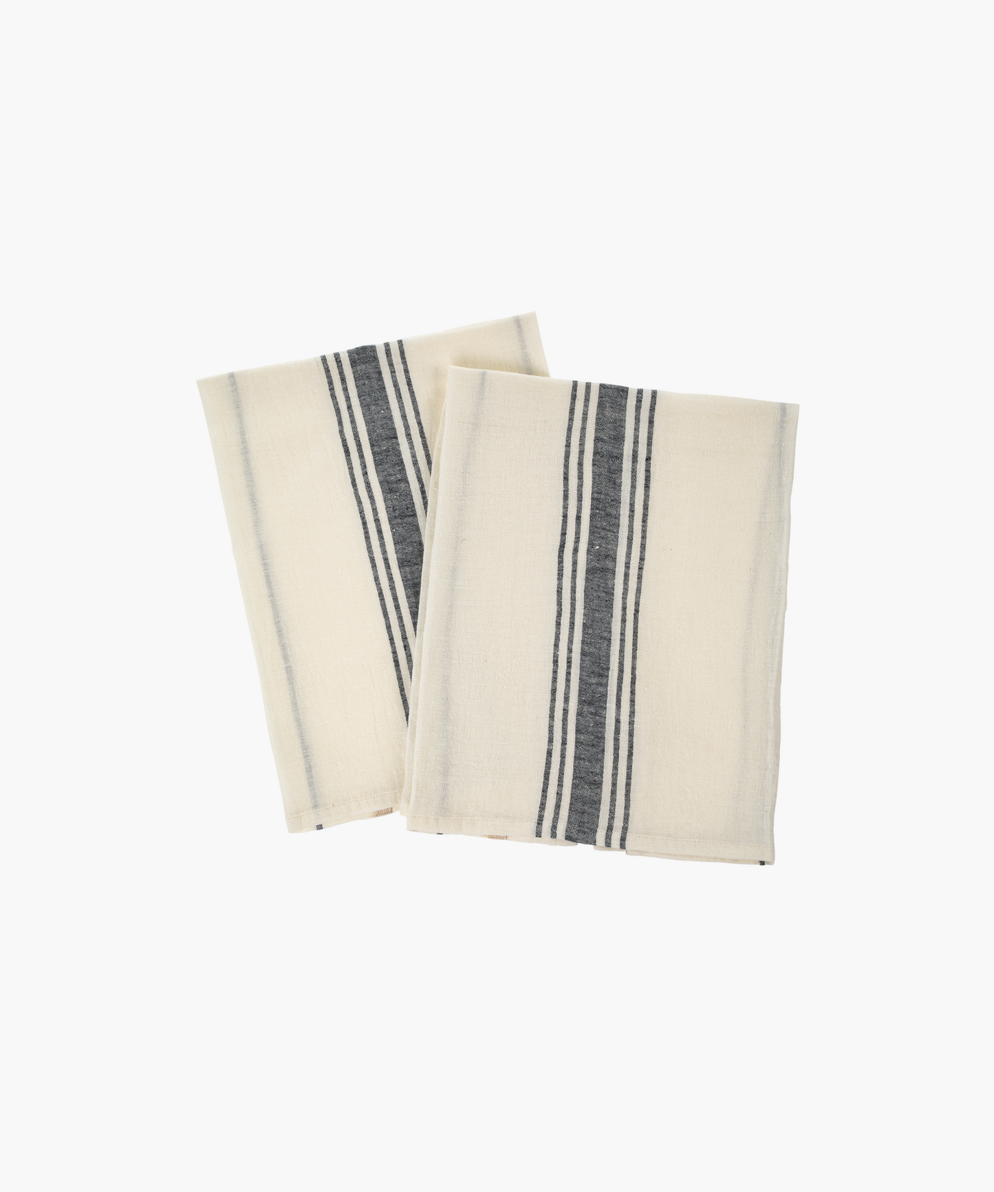 Two handwoven pure linen kitchen towels with gray vertical stripes, neatly stacked. The texture is soft and the pattern gives a classic French style feel.