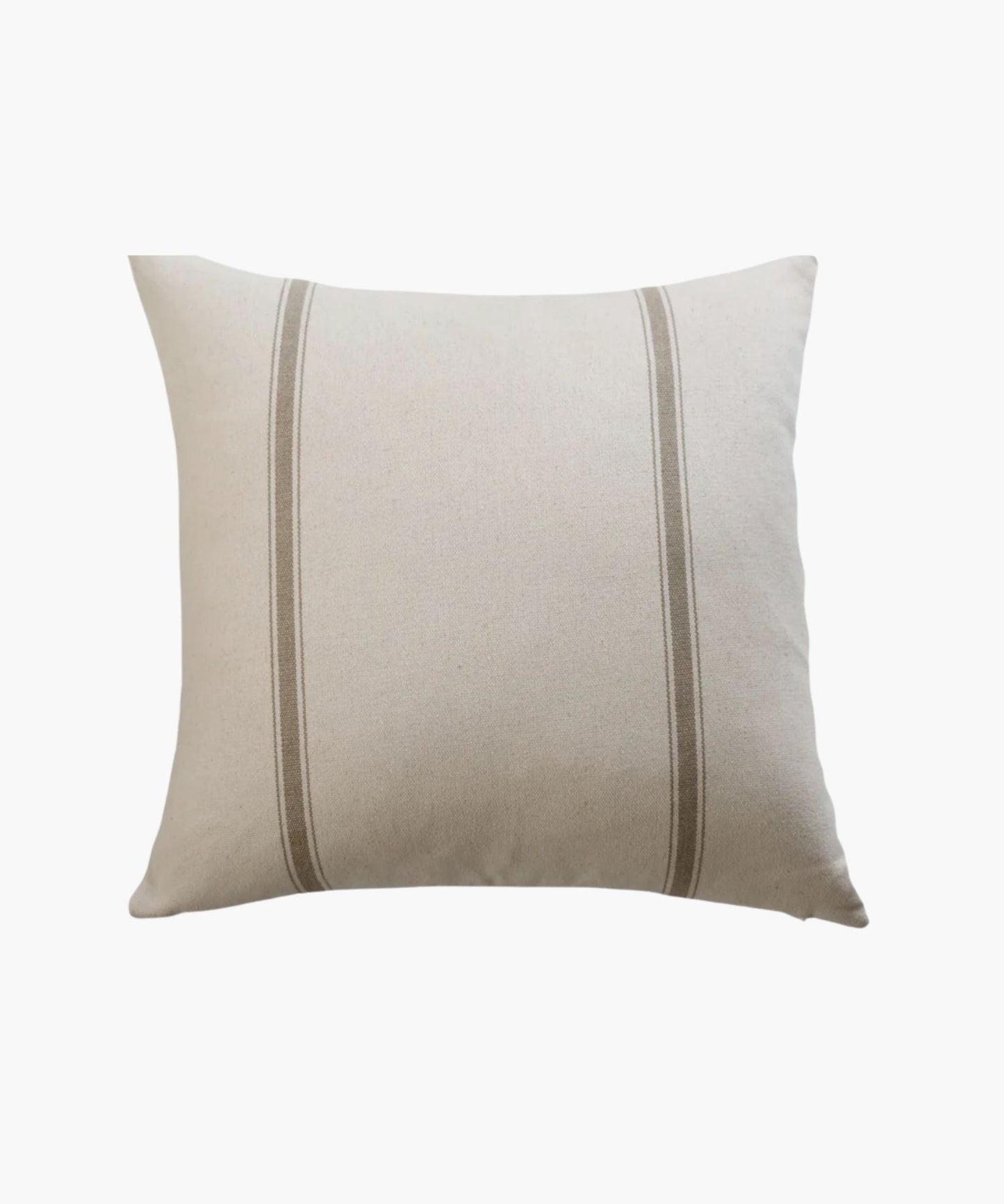 A square pillow cover with two vertical, parallel tan stripes on a natural cotton fabric background. The style is minimalistic and cozy, conveying simplicity and comfort.