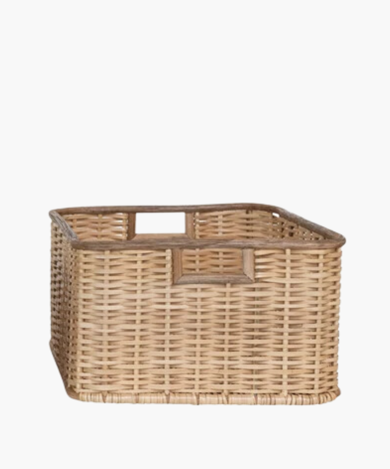 Square wicker basket with natural woven texture, two square cut-out handles. The earthy tone conveys a rustic, homely, and practical feel.