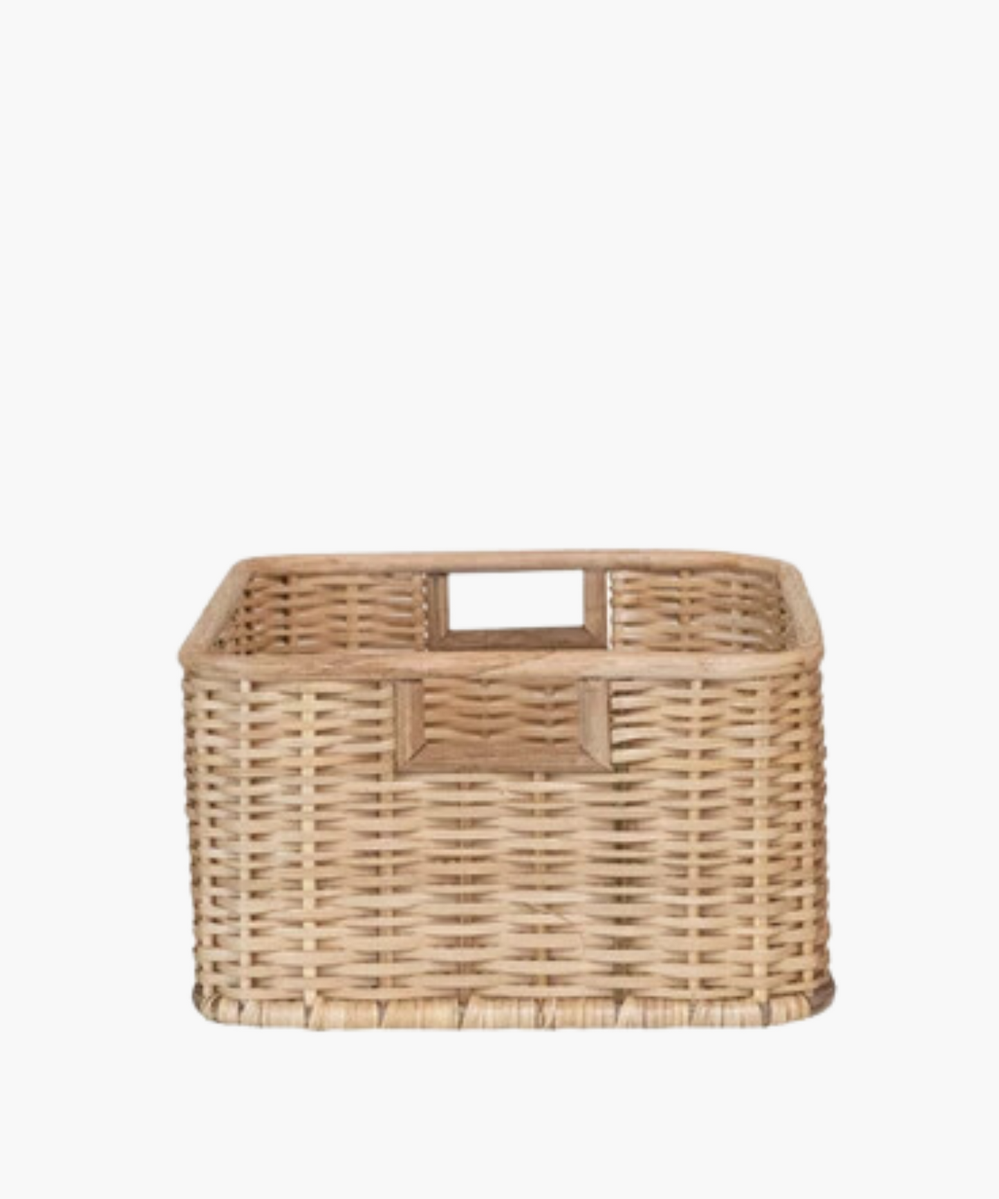 Square wicker basket with natural woven texture, two square cut-out handles. The earthy tone conveys a rustic, homely, and practical feel.