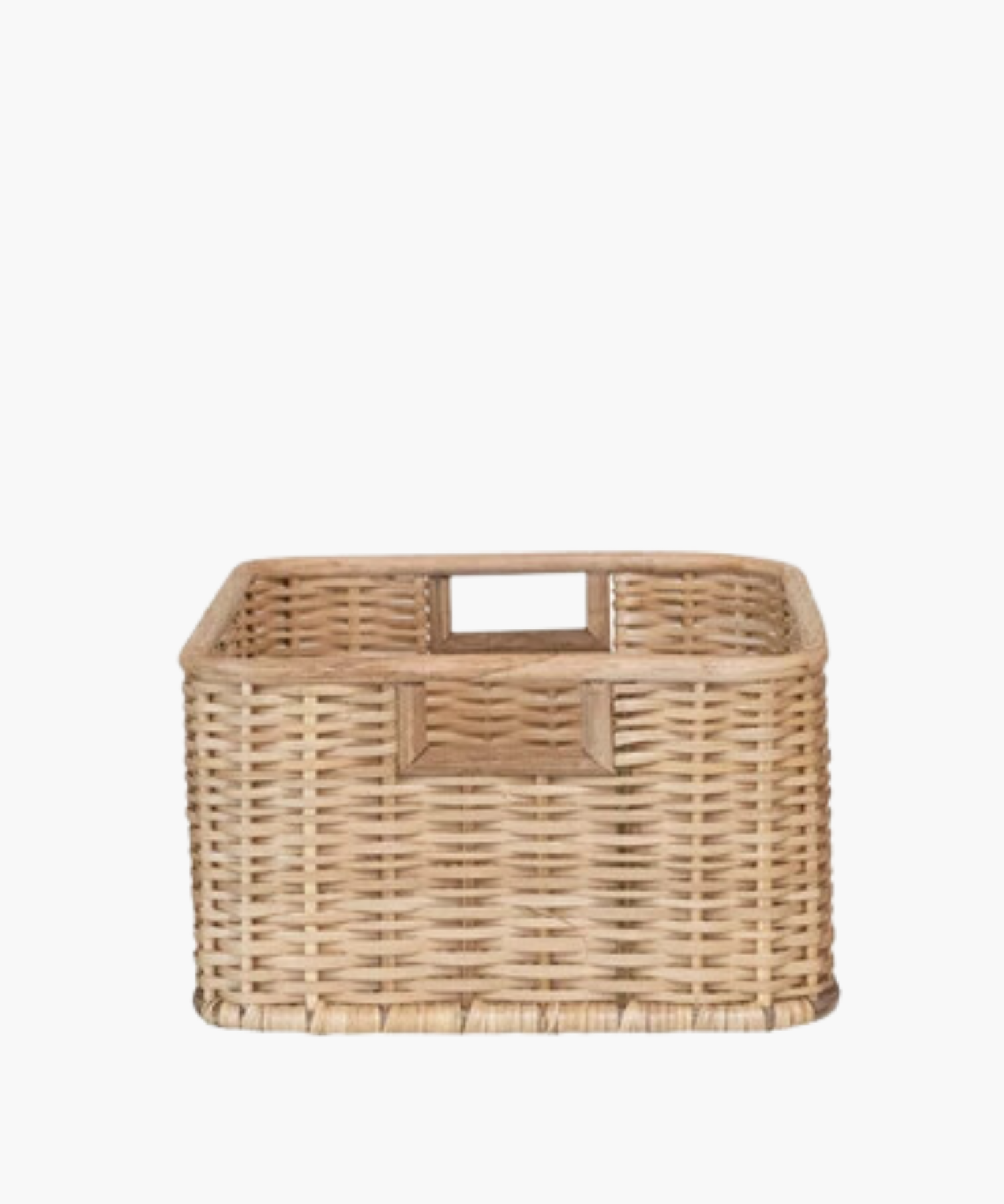 Square wicker basket with natural woven texture, two square cut-out handles. The earthy tone conveys a rustic, homely, and practical feel.