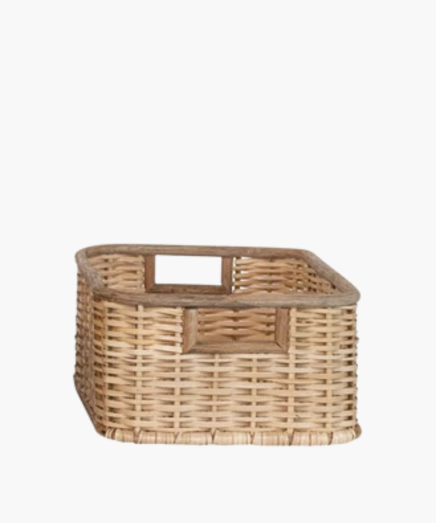 Square wicker basket with natural woven texture, two square cut-out handles. The earthy tone conveys a rustic, homely, and practical feel.