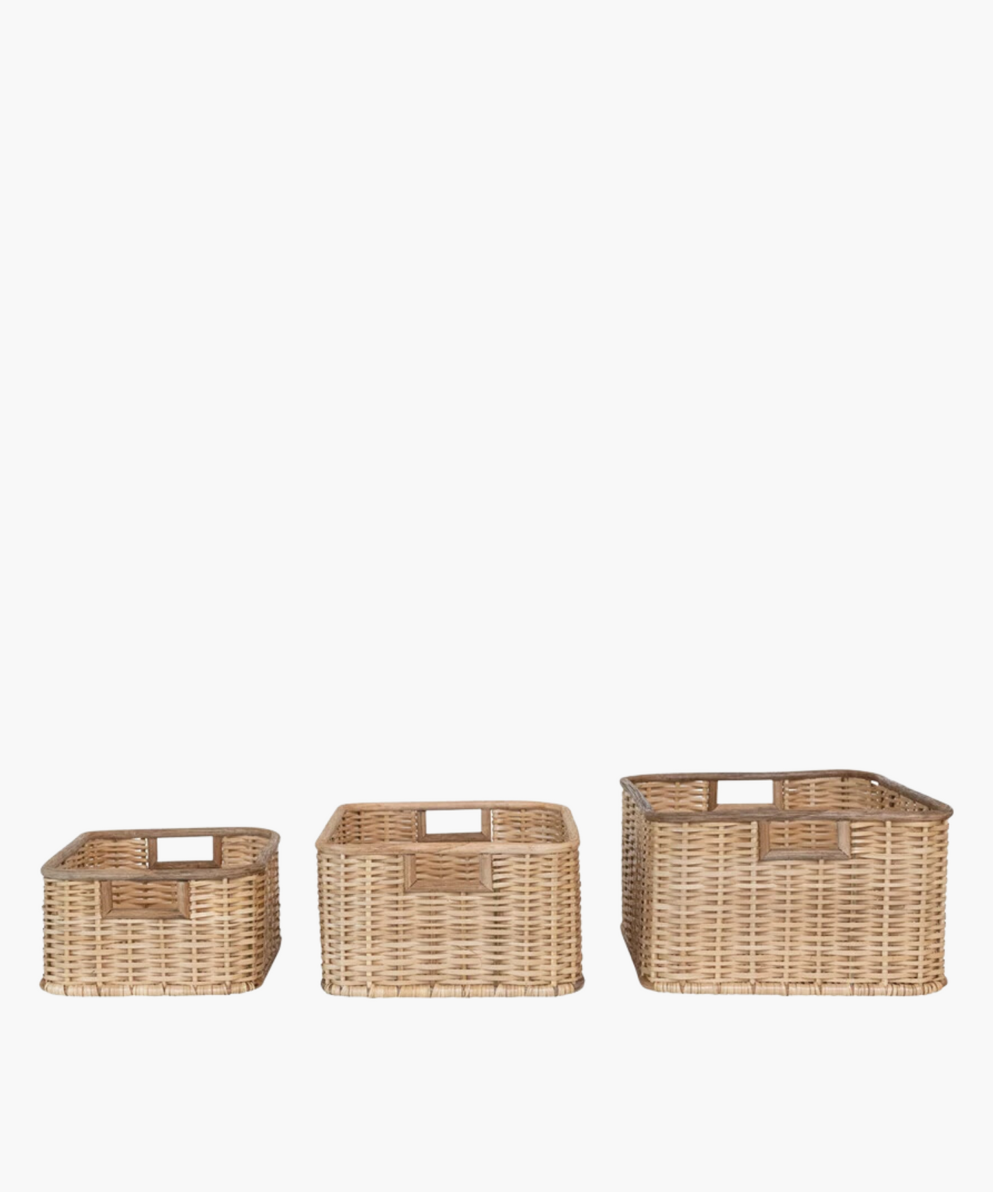 Three square wicker baskets in various sizes with natural woven texture, two square cut-out handles. The earthy tone conveys a rustic, homely, and practical feel.