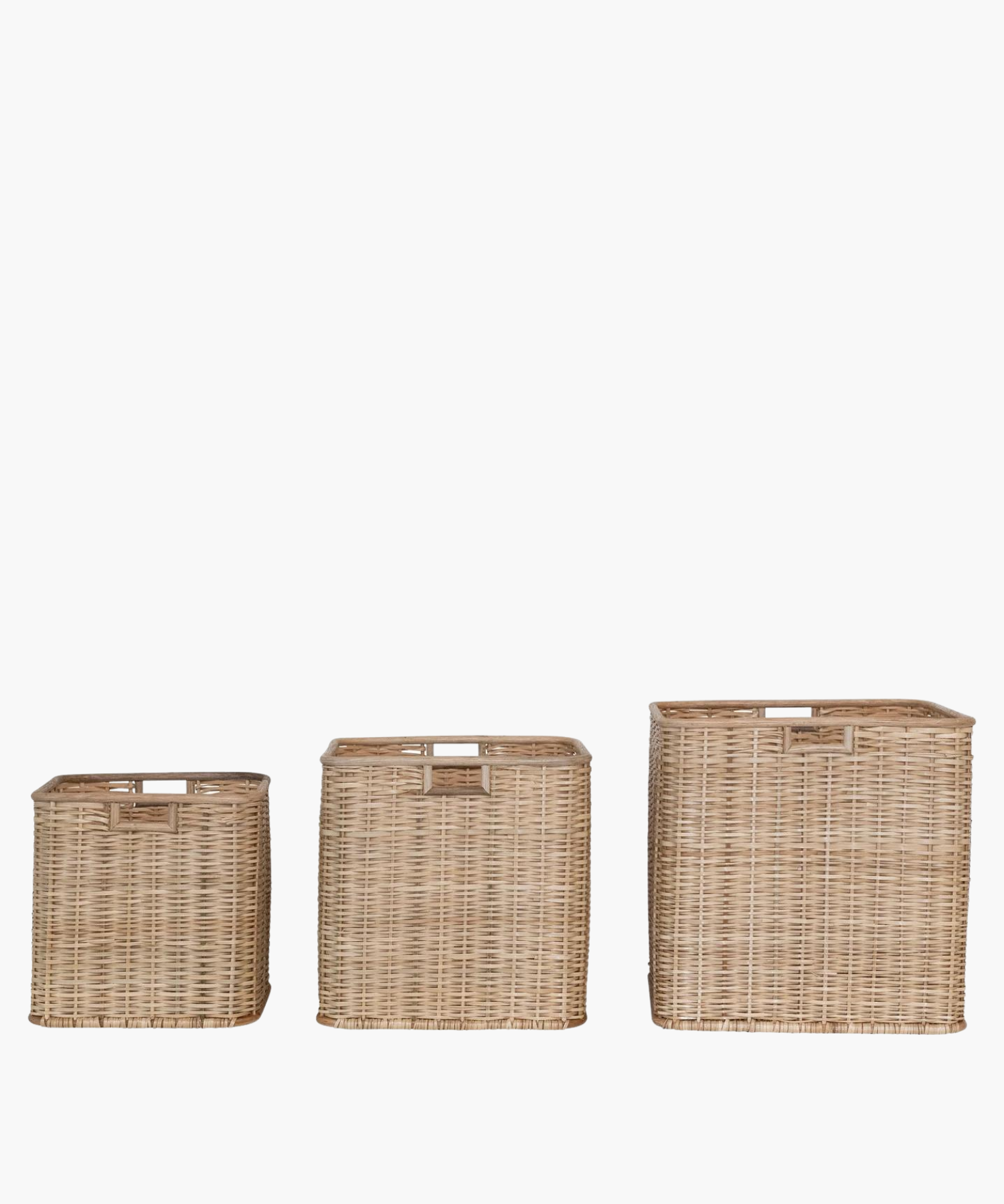 Square rattan and palm baskets with a natural finish in three sizes. Baskets feature a tight weave and sturdy rectangular shape. Simple and functional, evokes a rustic charm. 