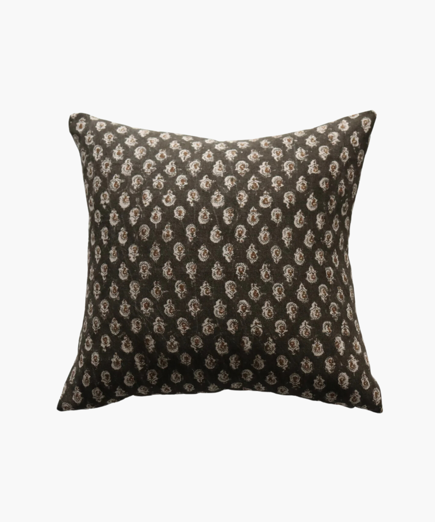 A square pillow with a dark brown background features a pattern of small, intricate white floral designs, conveying a cozy and elegant feel.