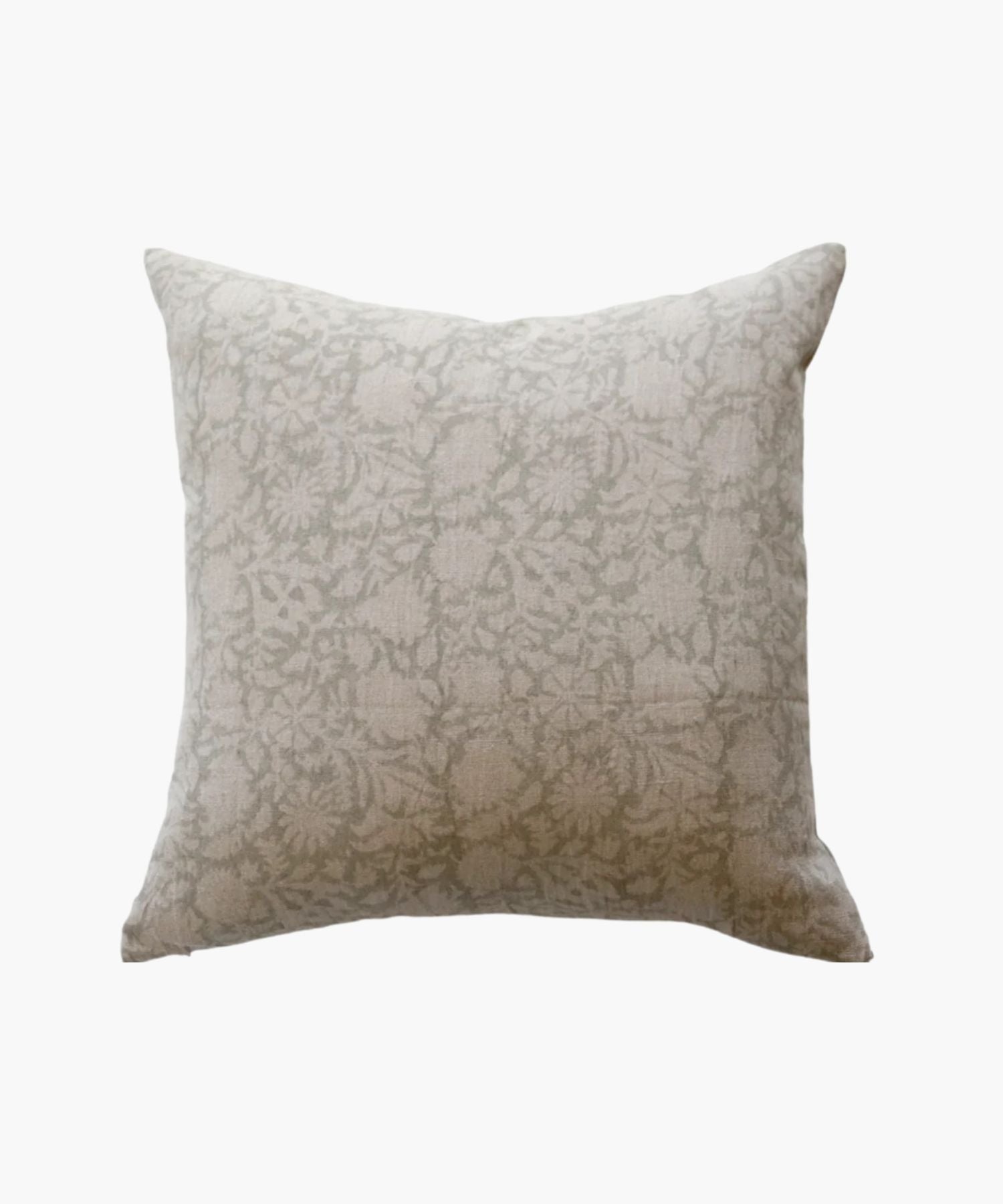 A square pillow with a subtle floral pattern in soft grey tones on a natural linen fabric. The design is delicate, creating a cozy and elegant feel.