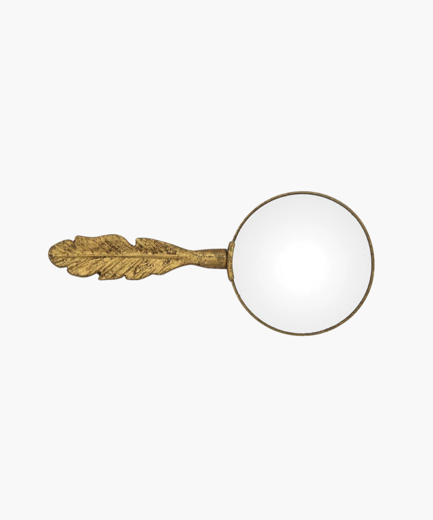 Vintage inspired magnifying glass with a distinct ornate handle shaped like a textured gold leaf or feather. The glass lens is clear, creating an elegant, antique feel.