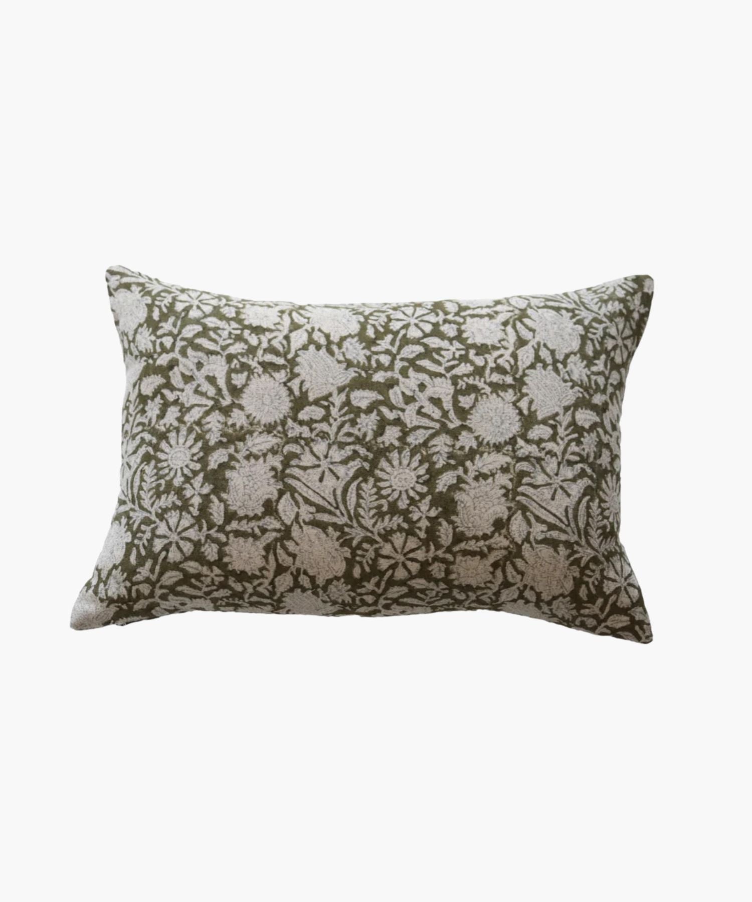 A rectangular or lumbar pillow cover with an intricate floral pattern in white on an olive green background. The design conveys a natural and elegant feel.