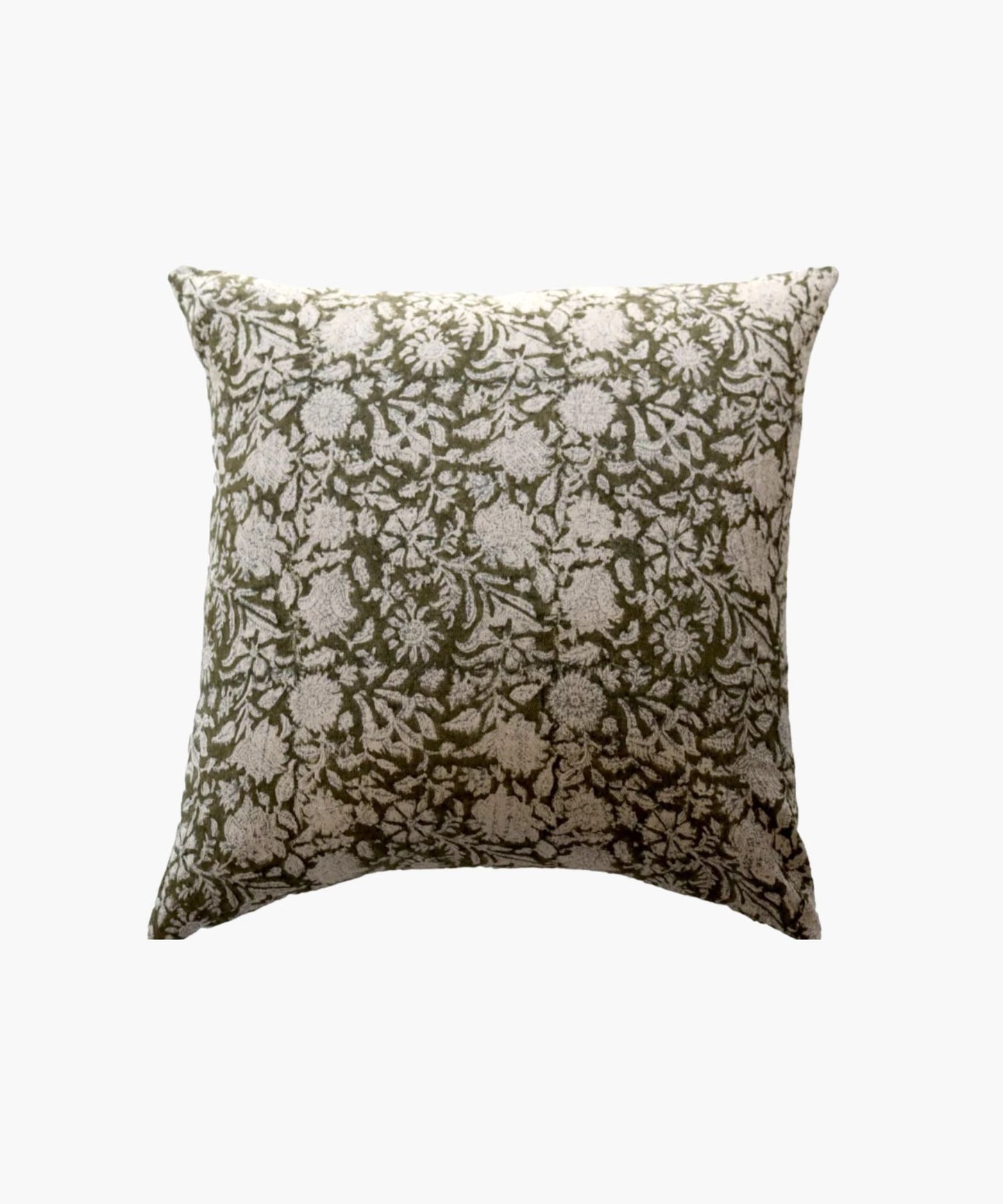 A square pillow cover with an intricate floral pattern in white on an olive green background. The design conveys a natural and elegant feel.