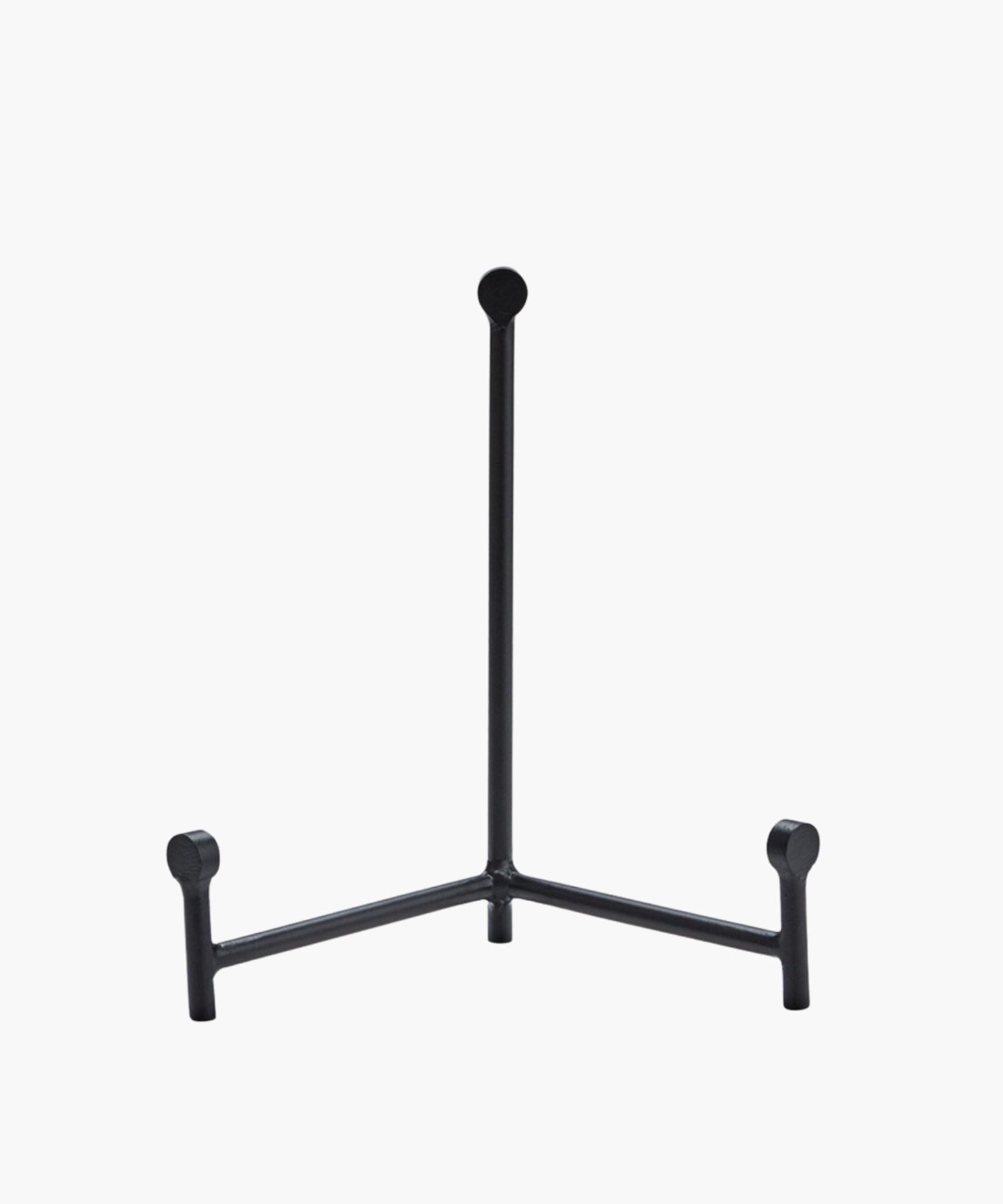 Minimalist black metal easel stand with three legs and a vertical support. The stand is sleek and modern in design.