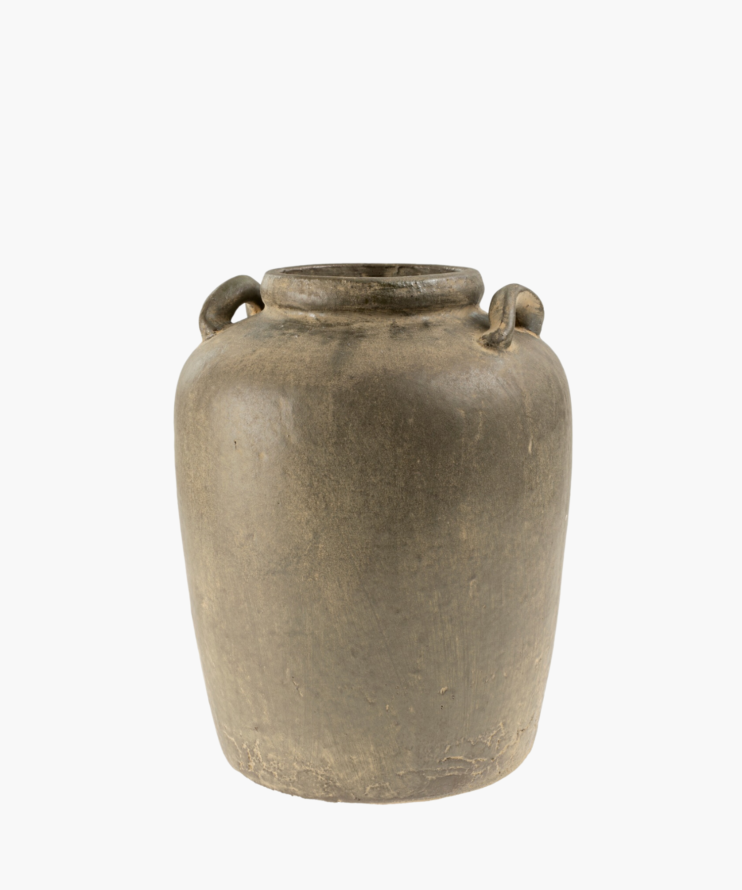 A rustic, earthy-toned ceramic jar with a wide body, two loop handles near the top, and a narrow neck. It conveys a sense of history and simplicity.