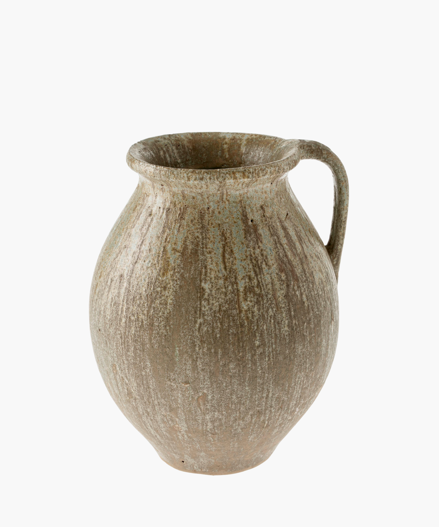 A rustic, earth-toned ceramic jug with a rounded body and a single handle on the side. The surface has a textured, weathered appearance.