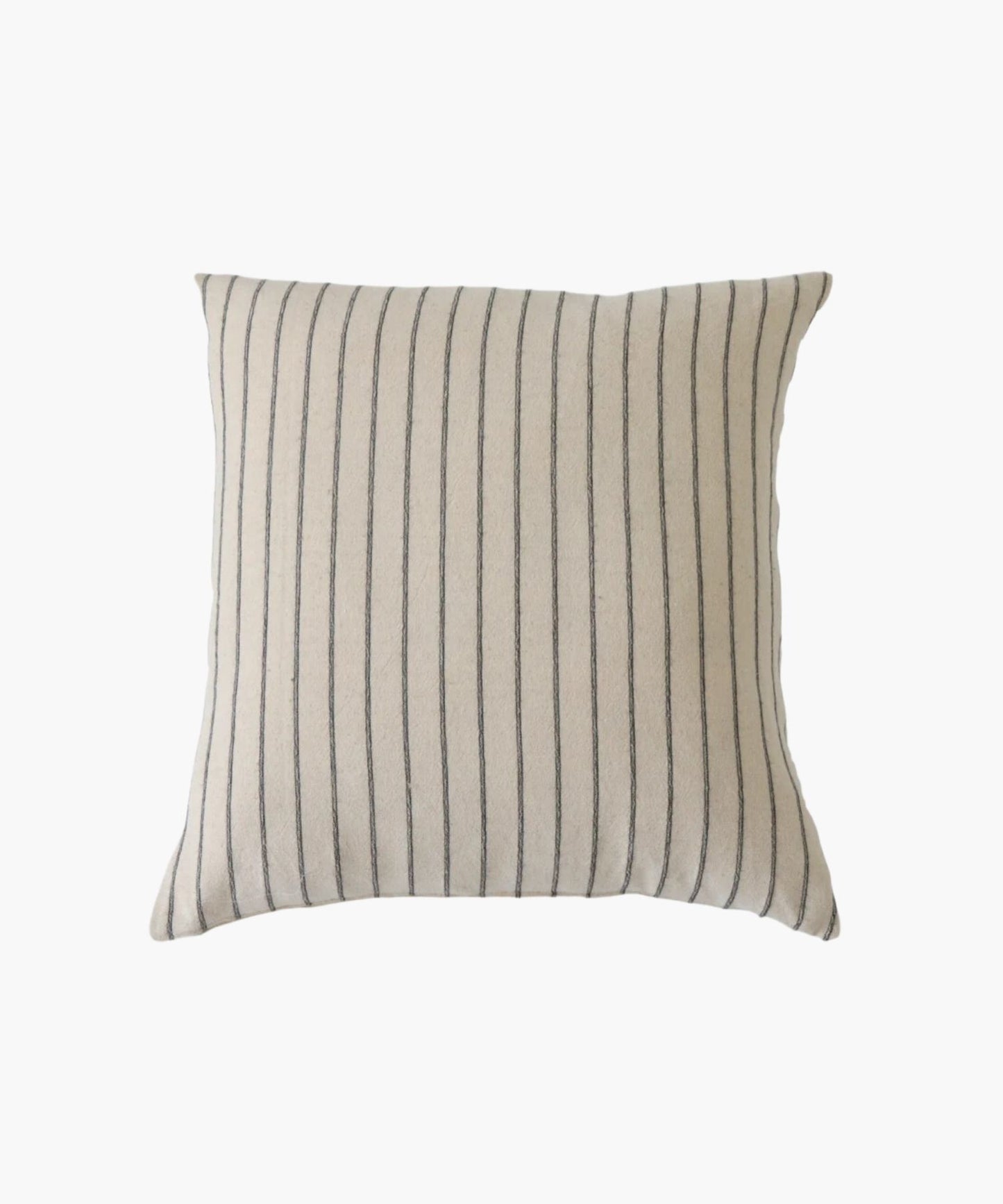 A square pillow cover with vertical black  woven stripes on a cream background. The pattern is simple and elegant, conveying a calm and cozy atmosphere.