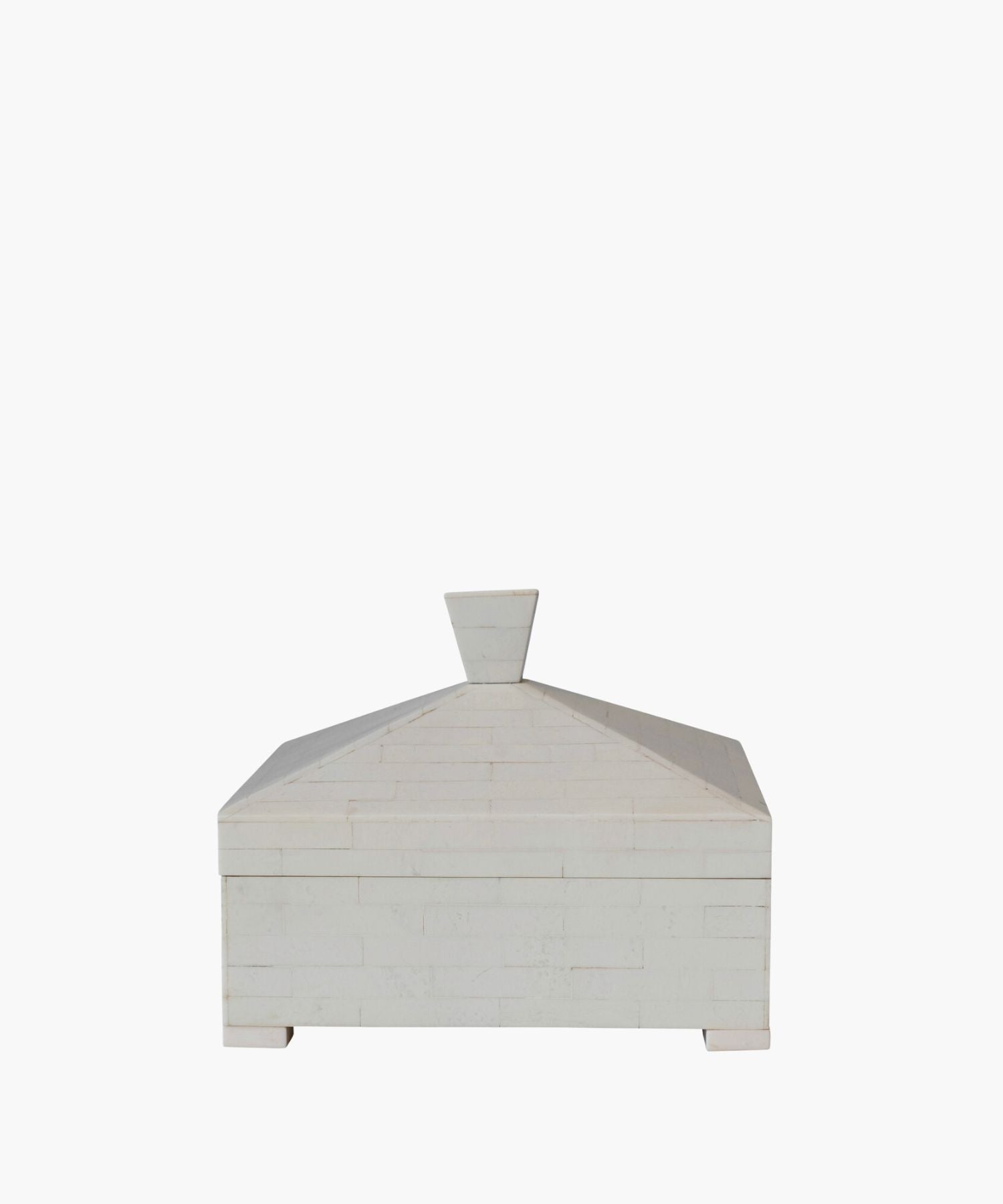 White resin storage box with an angular, pyramid silhouette lid with a decorative knob.