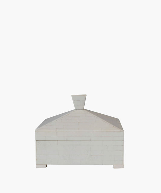 White resin storage box with an angular, pyramid silhouette lid with a decorative knob.