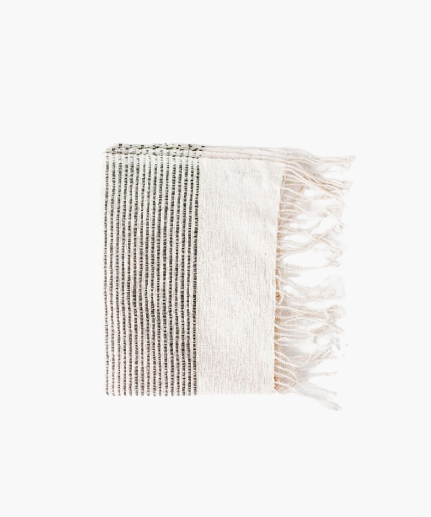 A folded hand-woven cotton hand towel with vertical olive stripes on the left half and plain white on the right. The towel's fringe is visible on the right side.