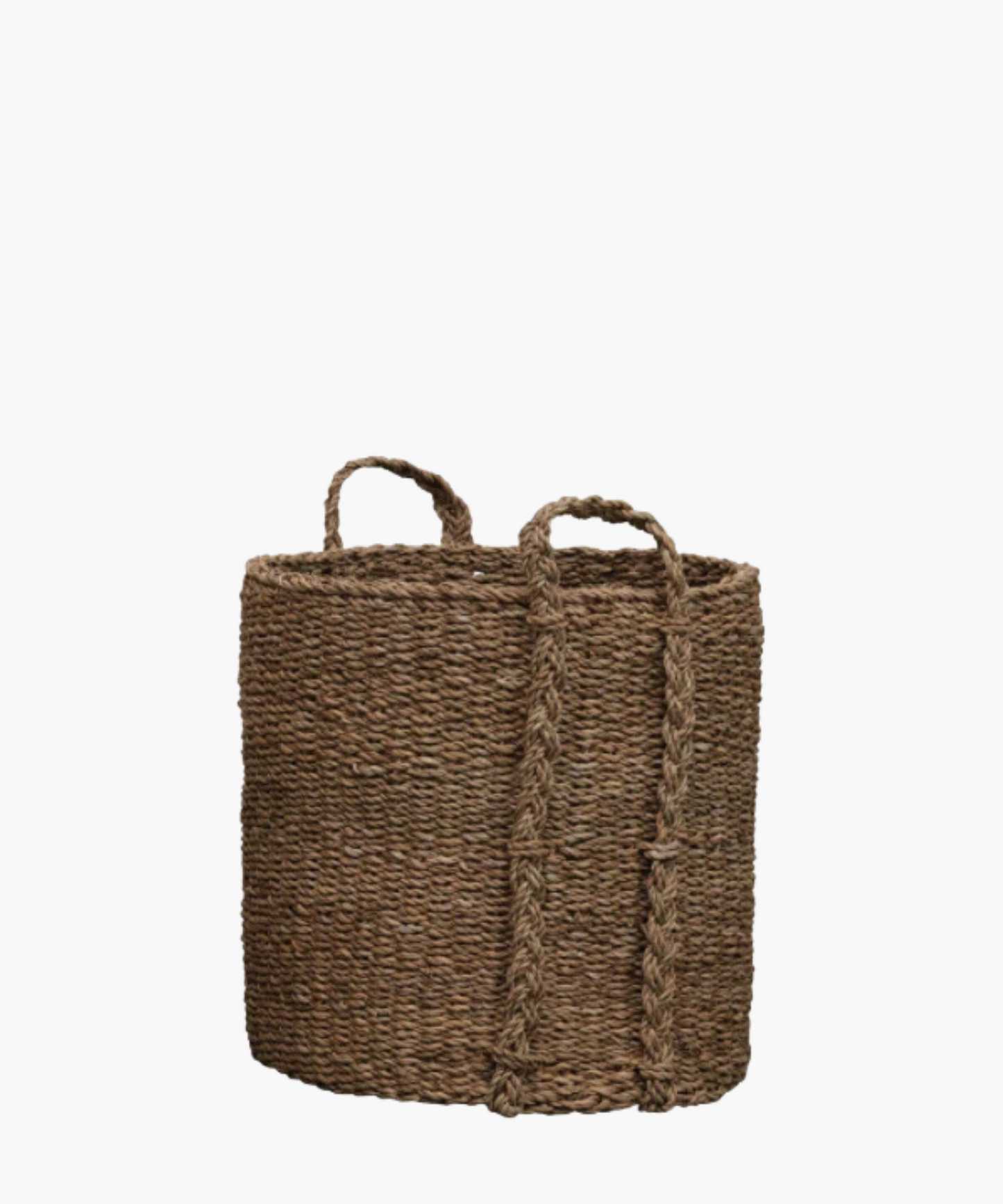 Textured brown woven basket with two braided handles, made from natural material. The basket has a rustic and earthy appearance.