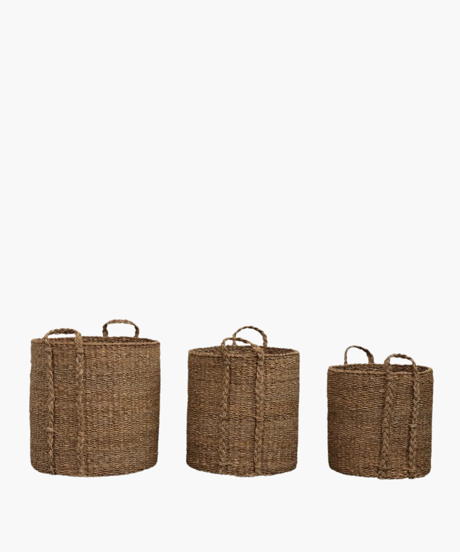 Textured brown woven baskets with two braided handles, made from natural material in 3 sizes. The baskets have a rustic and earthy appearance.