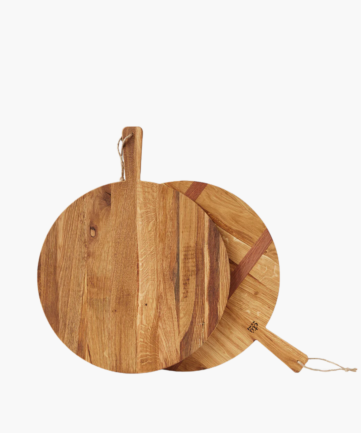 Two round wood cutting boards overlap on a white background, featuring natural wood grain and handles with hanging loops, conveying a rustic kitchen feel.