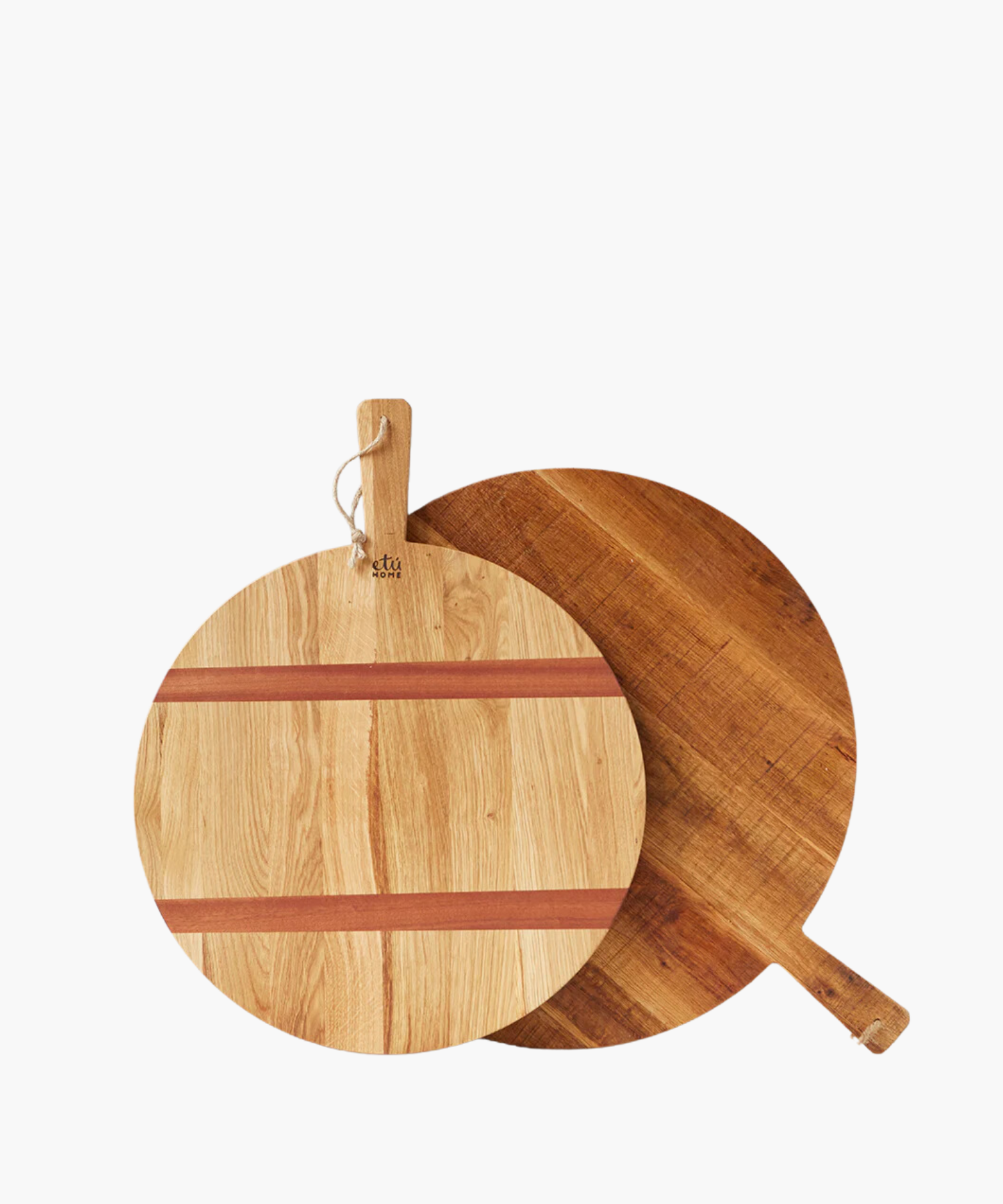 Two round wood cutting boards overlap on a white background, featuring natural wood grain and handles with hanging loops, conveying a rustic kitchen feel.