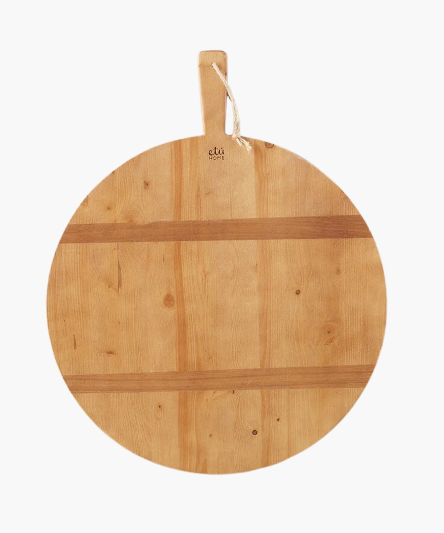 A round pine wood cutting or charcuterie board with a smooth surface and natural grain. It has a handle with a rope loop for hanging, conveying a rustic charm.