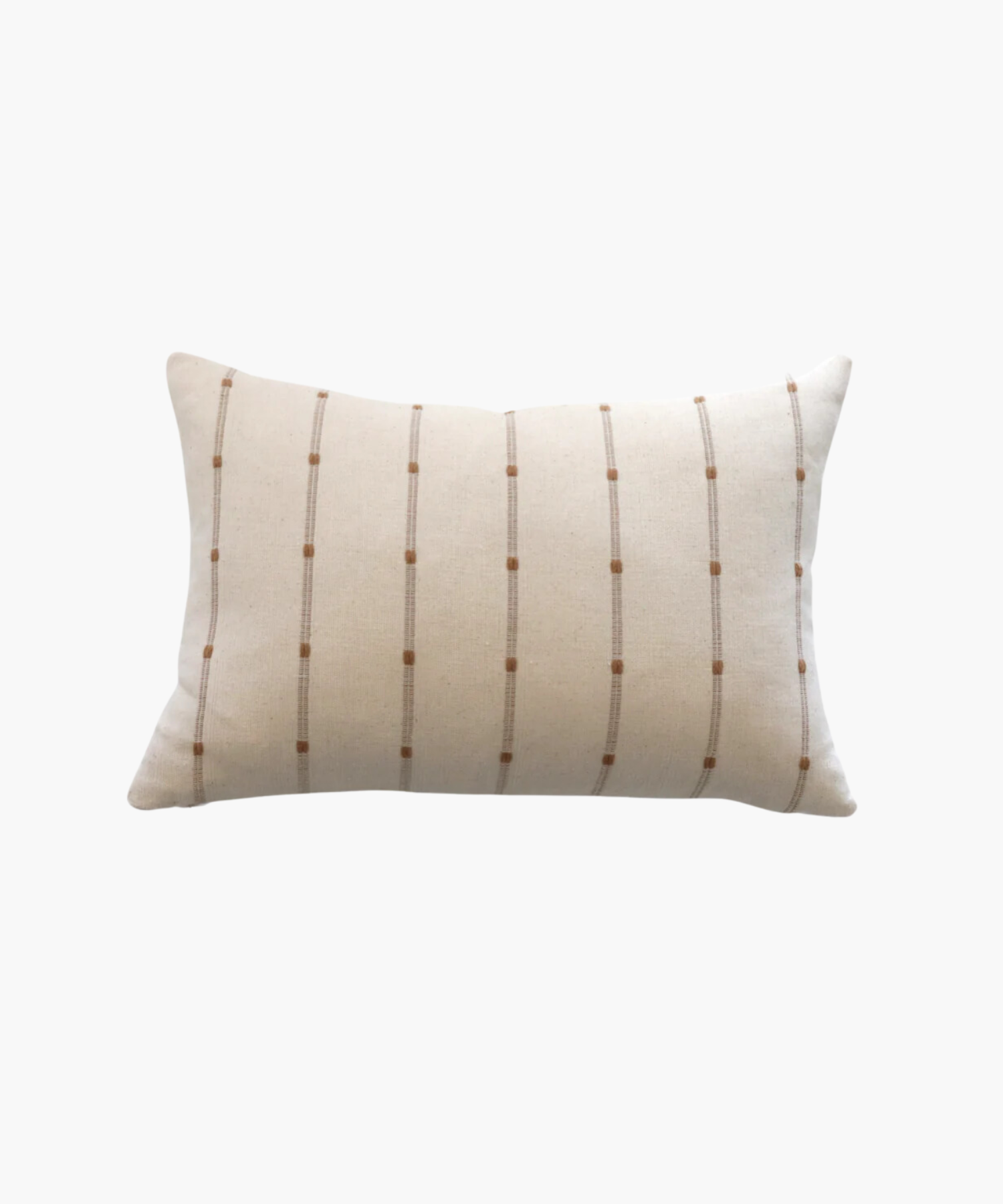 A beige lumbar pillow with a minimalist pattern of thin, vertical brown lines and small dots, creating a calm and modern appearance.