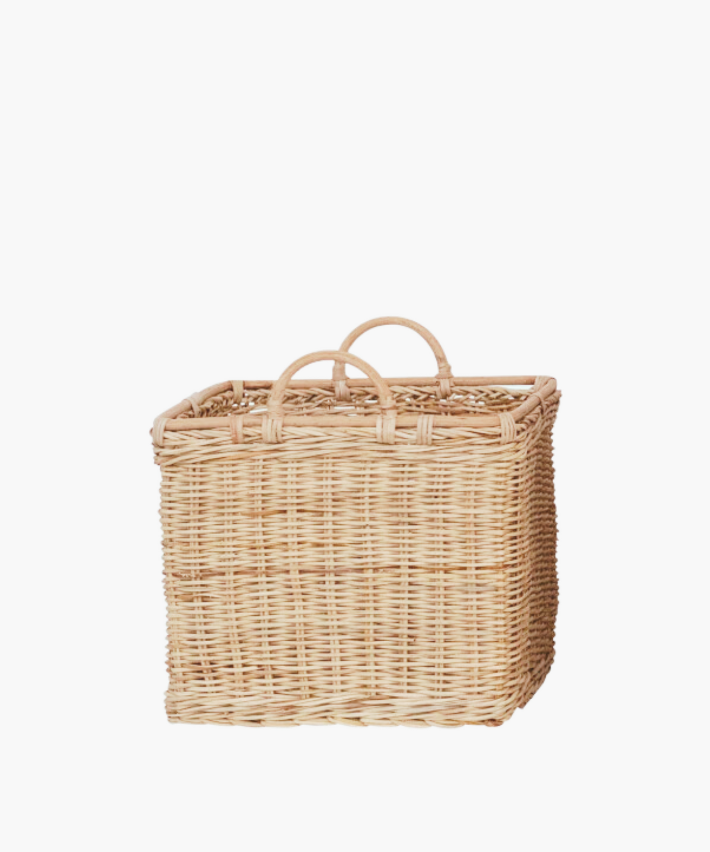 A small, square rattan basket with two rounded handles in a natural finish.  The light brown weaving creates an earthy, natural look suitable for storage or decor.