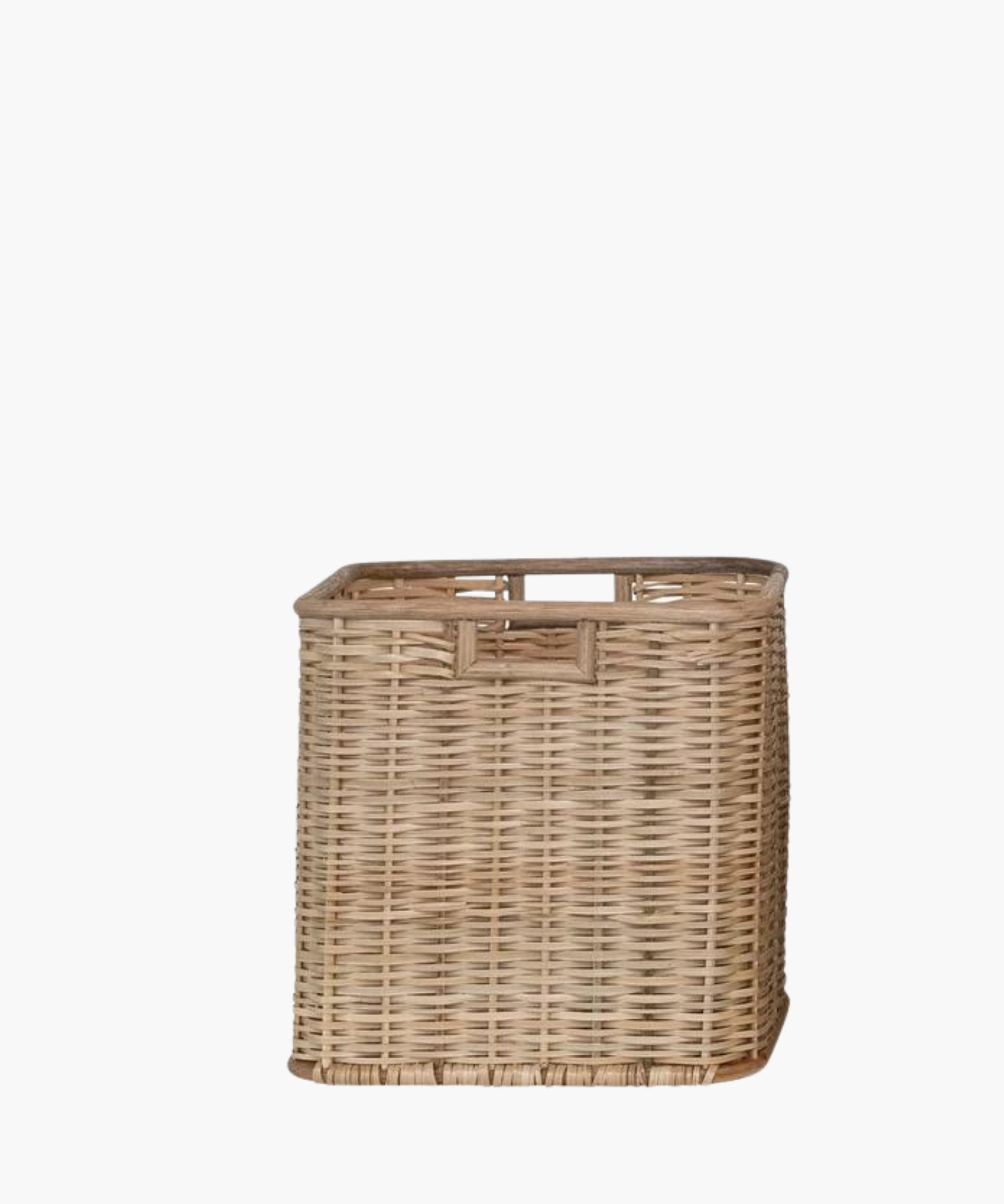 Small square rattan and palm basket with a natural finish, featuring a tight weave and sturdy rectangular shape. Simple and functional, evokes a rustic charm. 