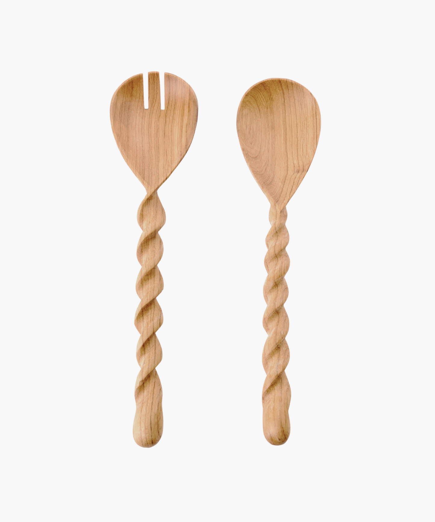 Two wooden salad utensils on a white background, featuring a fork and a spoon. Each has an intricately twisted handle, conveying a rustic charm.