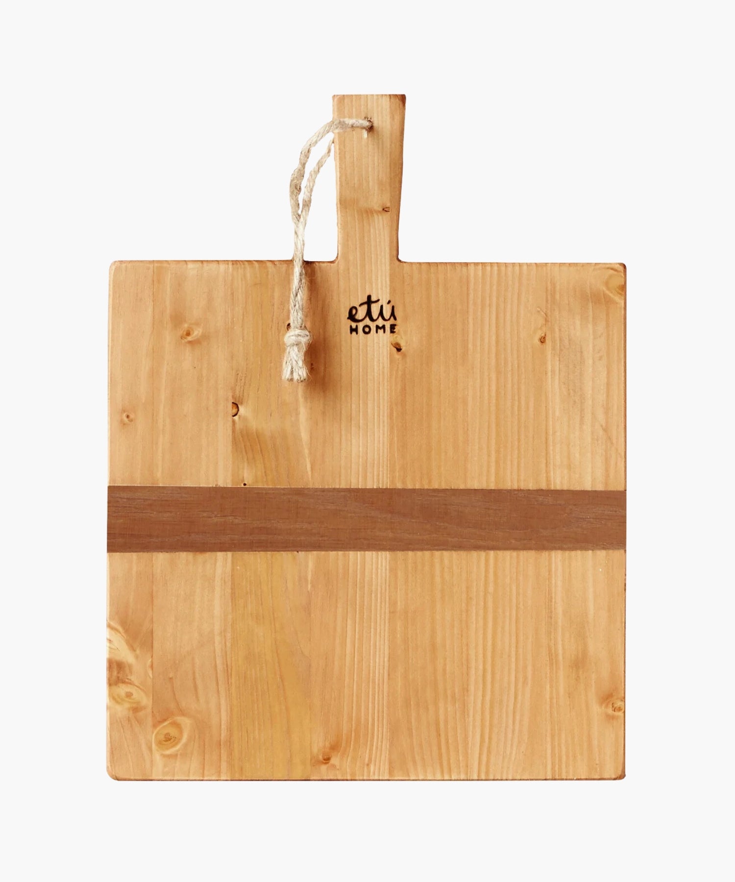 Square pine wood cutting or charcuterie board with a natural finish, featuring a dark horizontal stripe and a handle with a rope loop. 