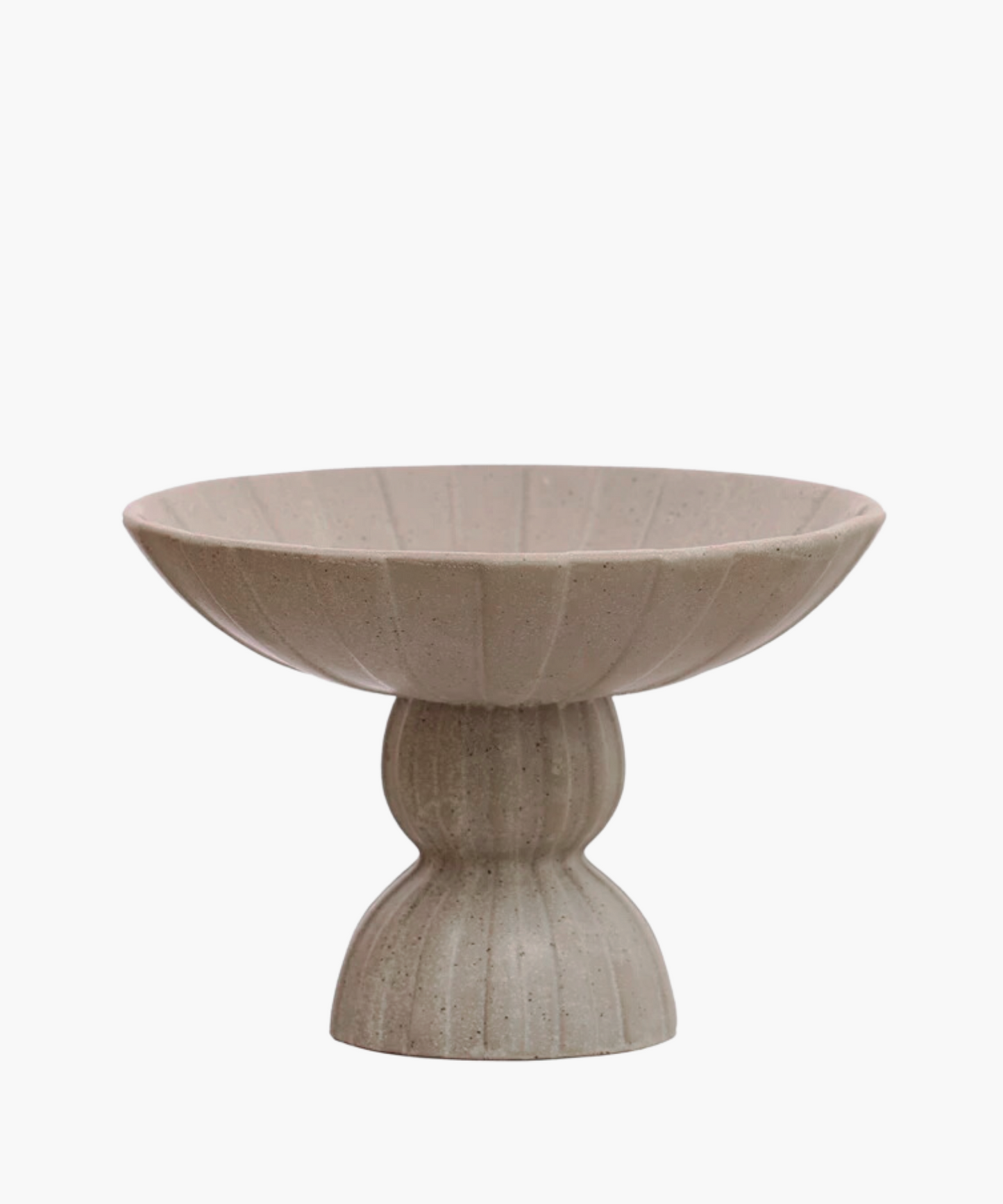 Stoneware pedestal bowl with a textured, ribbed design. It features a wide, shallow top and a bulbous base, conveying an elegant and rustic tone.