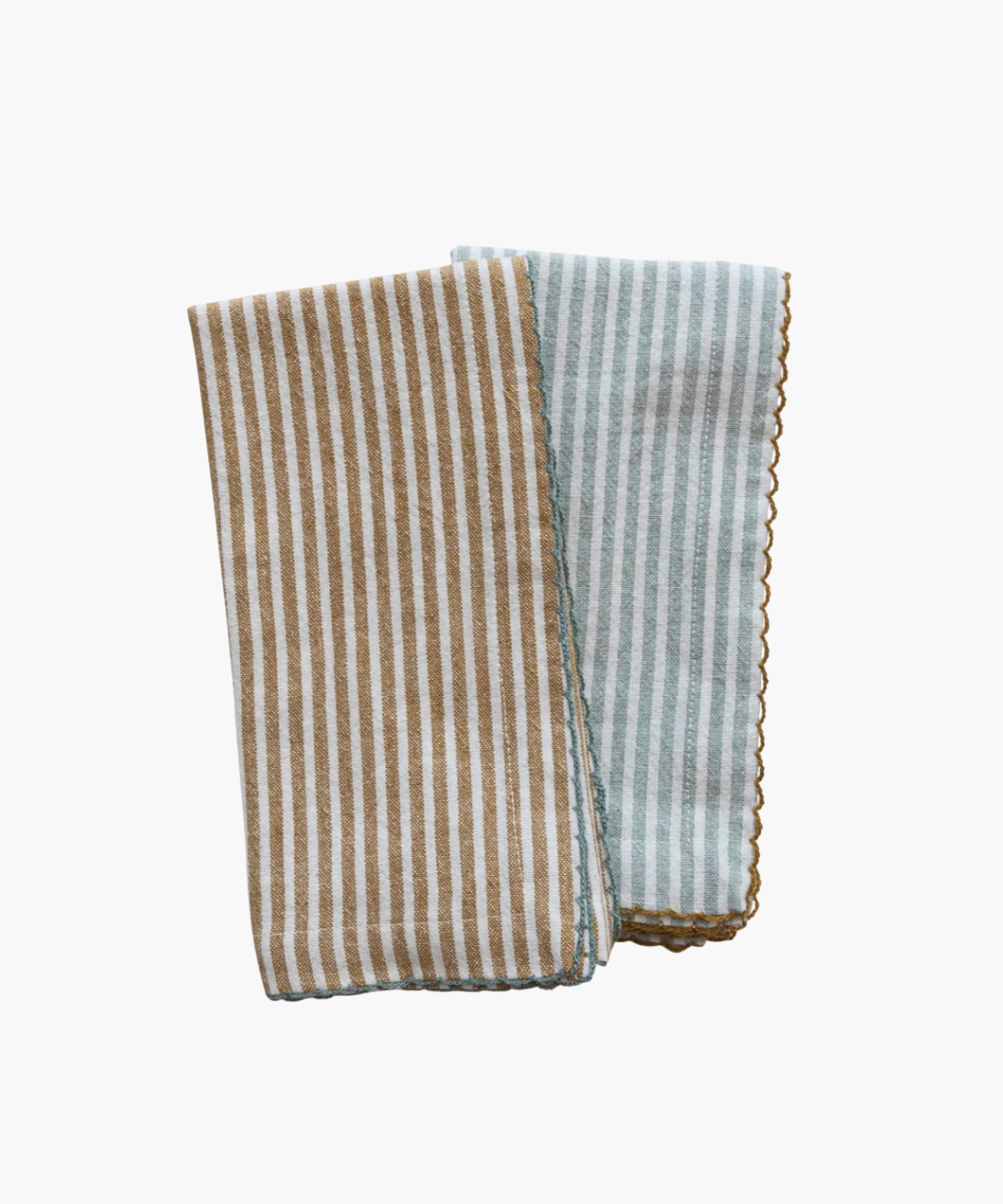 Two folded napkins with vertical stripes, one in beige and white, the other in light blue and white. The edges have scalloped stitching.