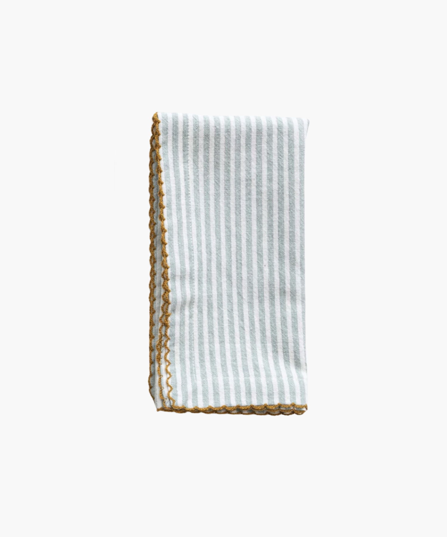 A folded napkin with pale blue vertical stripes and a decorative yellow scalloped edge. The design is simple, evoking a clean, elegant feel.