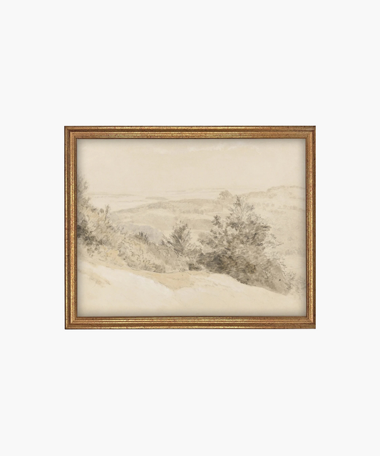 A sepia-toned landscape drawing depicts rolling hills and trees, exuding a serene, nostalgic atmosphere. Framed in an antique golden frame.